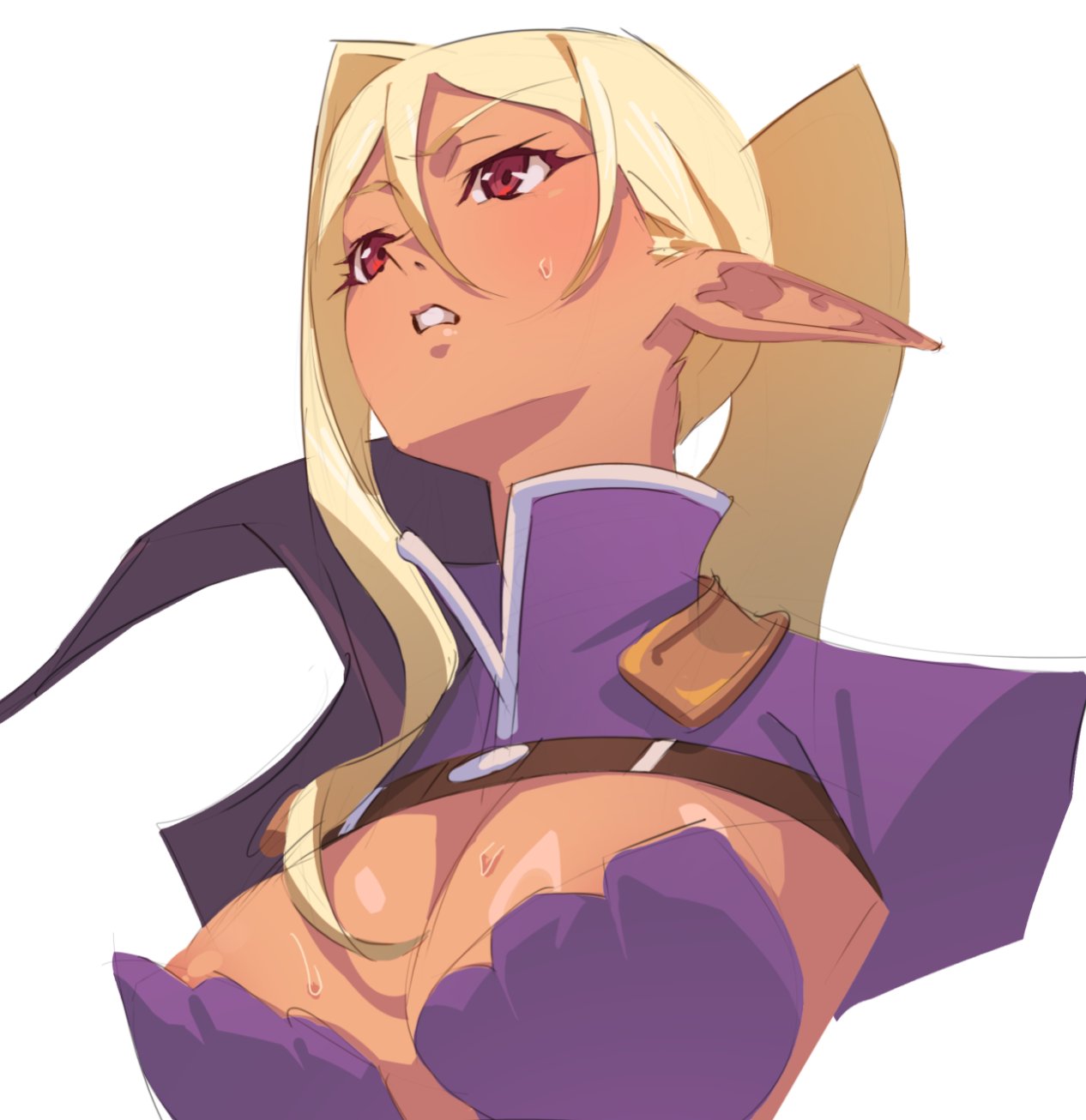 cloe (kuroinu), kuroinu ~kedakaki seijo wa hakudaku ni somaru~, highres, 1girl, blonde hair, breasts, cleavage, elf, large breasts, long hair, meme, nipple slip, nipples, parted lips, pointy ears, ponytail, red eyes, solo, sweat, teeth, upward angle frieren drawing (meme)