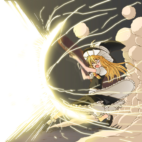 mitsuki yuuya, kirisame marisa, desperado, touhou, 1girl, album cover, blonde hair, cover, dress, female focus, gradient background, guitar case, gun, hat, instrument case, master spark, parody, photokinesis, smoke, solo, underwear, weapon, witch, witch hat, yellow eyes