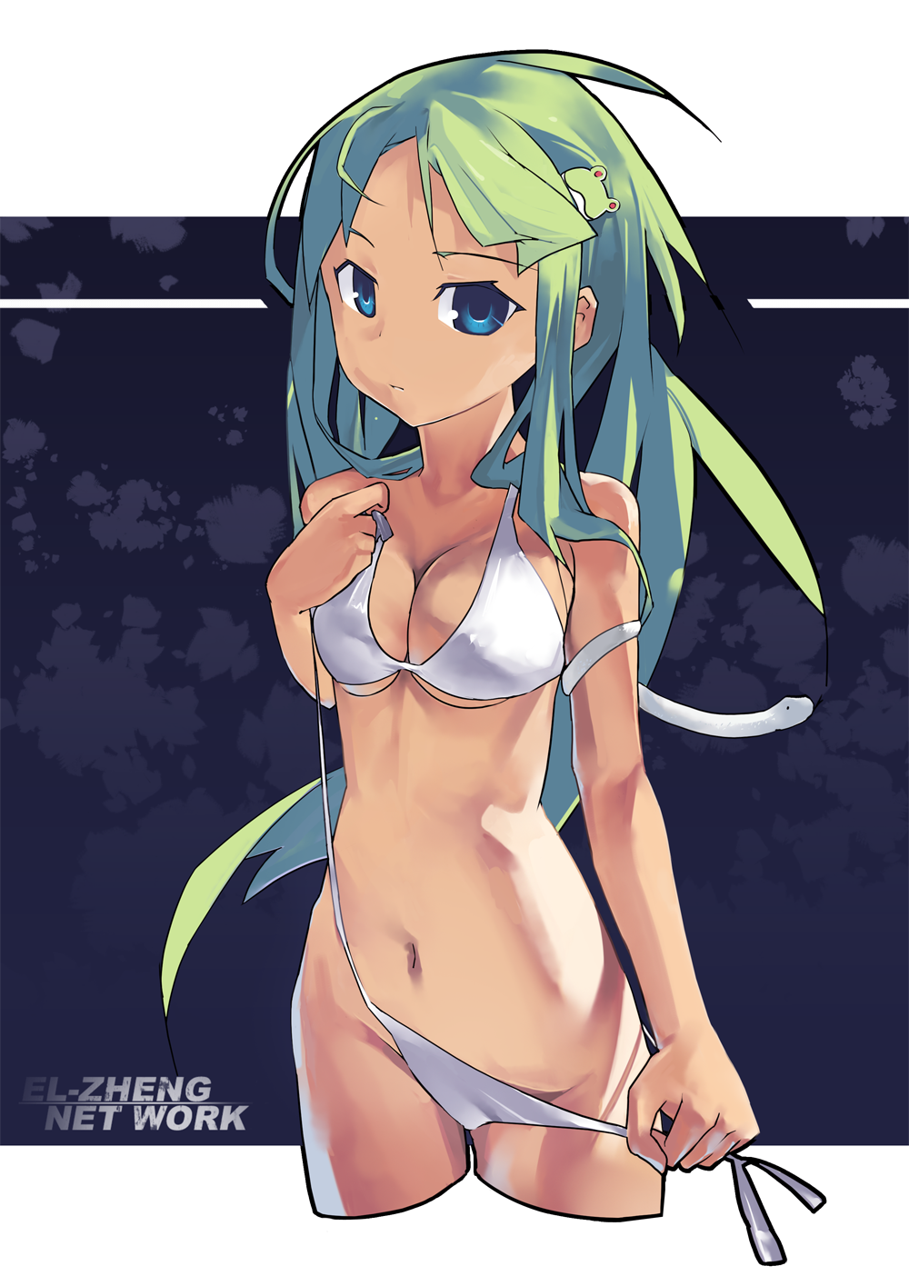 dan evan, kochiya sanae, touhou, duplicate, highres, 1girl, bikini, blue eyes, breasts, female focus, green hair, long hair, side-tie bikini bottom, solo, swimsuit, white background, white bikini