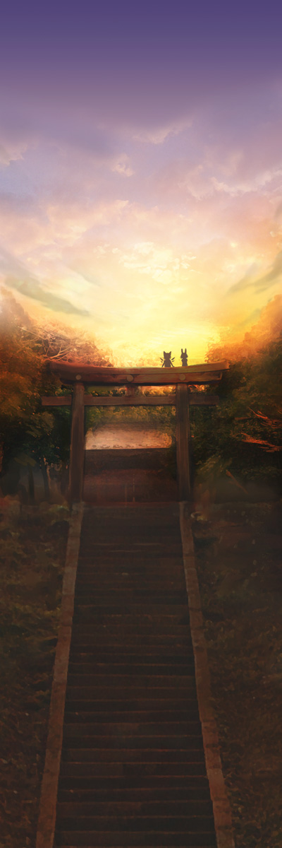 mitsuki yuuya, cirno, inaba tewi, touhou, highres, long image, tall image, arm support, from behind, house, scenery, shrine, sitting, sky, stairs, sunset, torii, tree