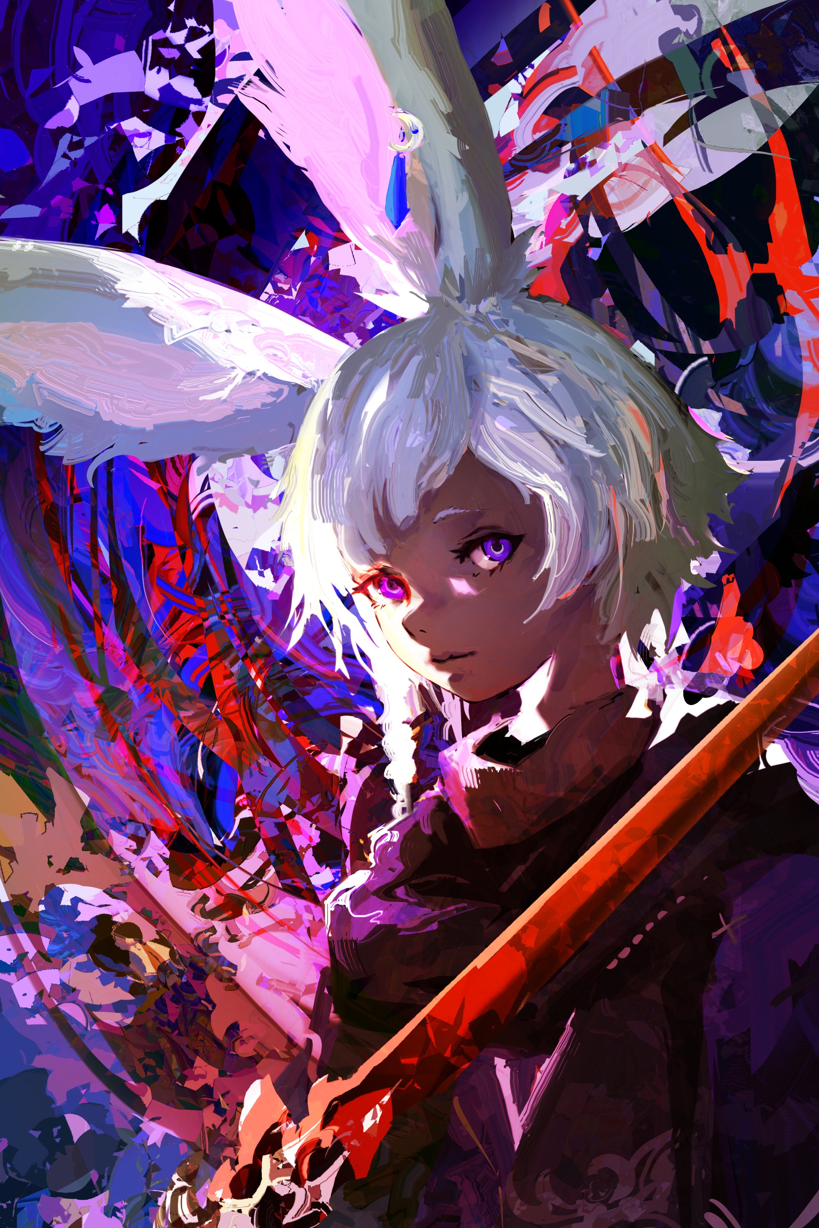 kevin adi, original, absurdres, commentary, english commentary, highres, 1girl, abstract background, animal ears, colorful, dark skin, looking at viewer, purple eyes, rabbit ears, solo, sword, weapon, white hair