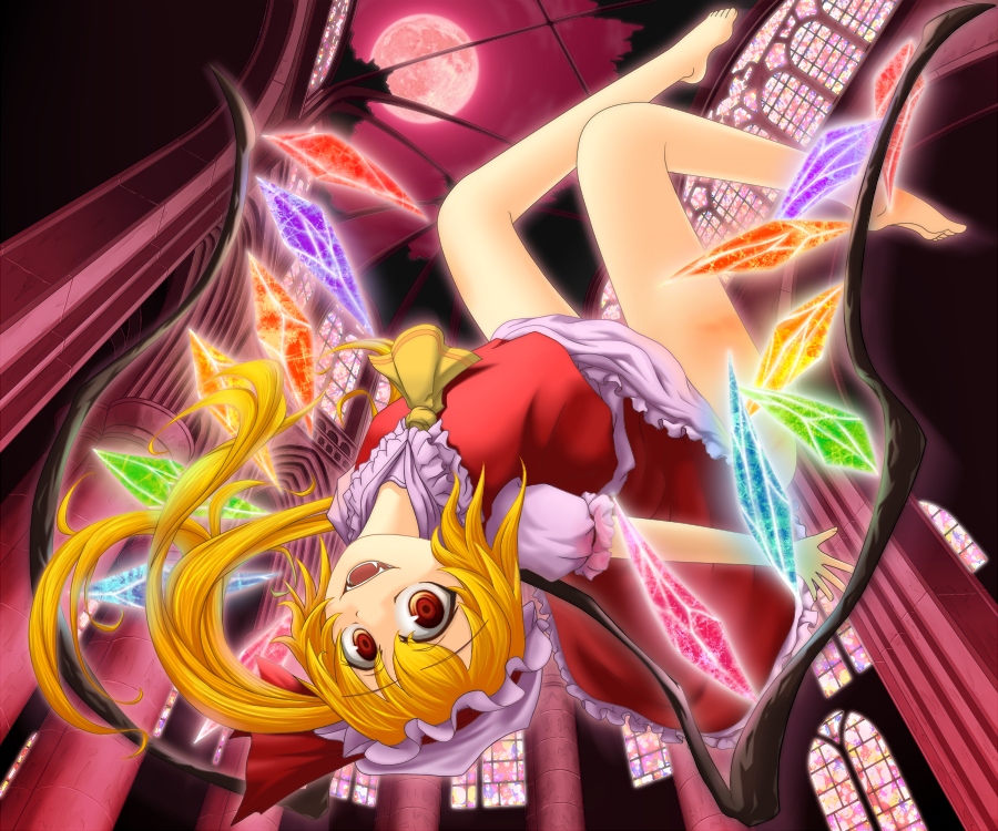 aaku, flandre scarlet, touhou, md5 mismatch, resolution mismatch, source larger, 1girl, barefoot, crazy eyes, fangs, female focus, foreshortening, full moon, hat, mob cap, moon, solo, white hat