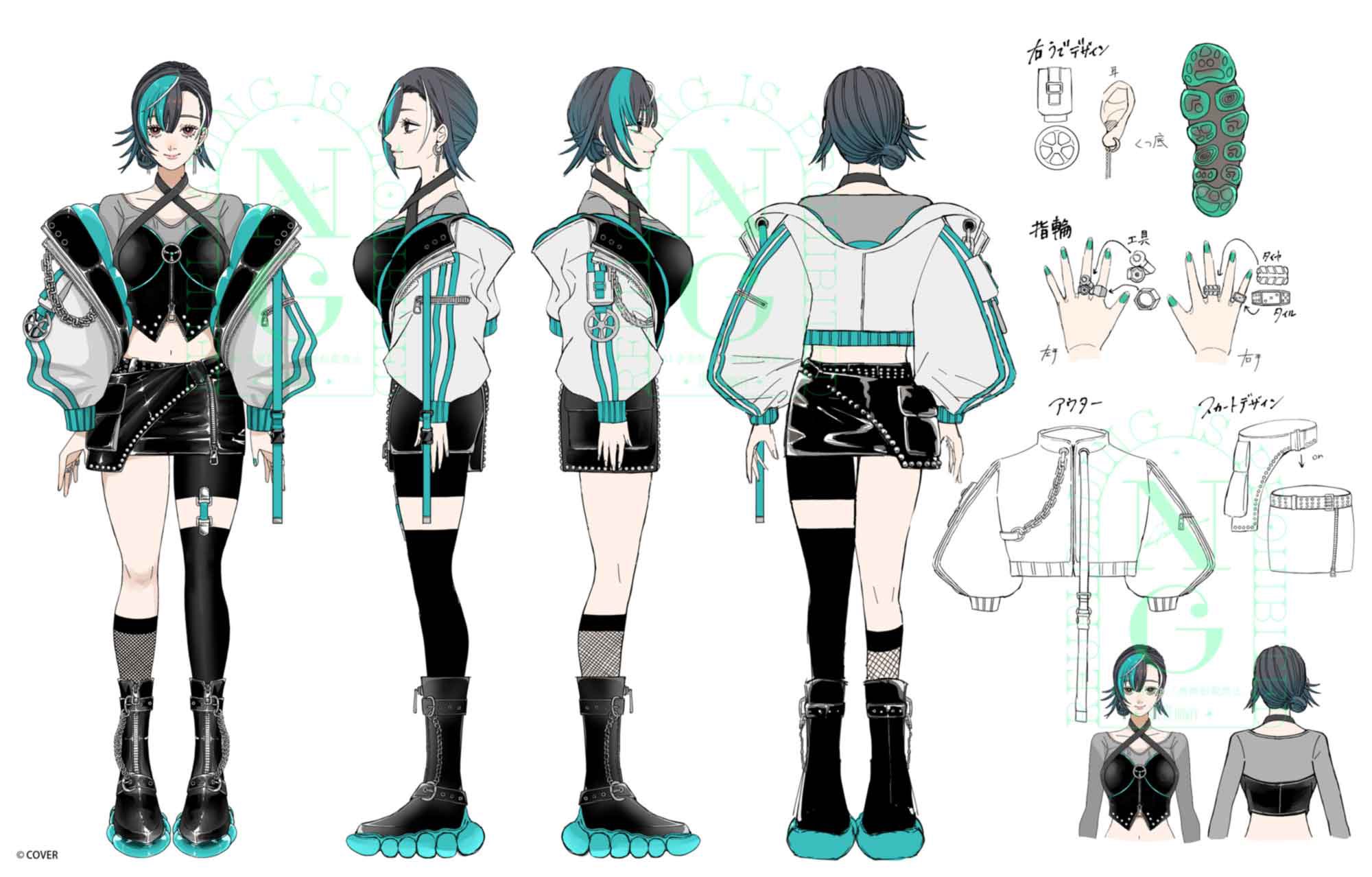 nowri, rindo chihaya, hololive, hololive dev is, commentary request, highres, translation request, 1girl, aqua hair, aqua nails, black boots, black bustier, black hair, black shirt, black skirt, black socks, black thighhighs, boots, bustier, clothes on and off, colored shoe soles, cropped jacket, earrings, fishnet socks, fishnets, full body, gradient hair, hair bun, jacket, jewelry, kneehighs, long sleeves, midriff, miniskirt, multicolored hair, multiple rings, multiple views, navel, off shoulder, official alternate costume, official alternate hairstyle, platform boots, pointing out the details, reference sheet, rindo chihaya (flowglow uniform), ring, see-through clothes, see-through shirt, shirt, short hair, simple background, single hair bun, single kneehigh, single sock, single thighhigh, skirt, socks, streaked hair, thighhighs, turnaround, virtual youtuber, watermark, white background, white hair, white jacket, zipper skirt