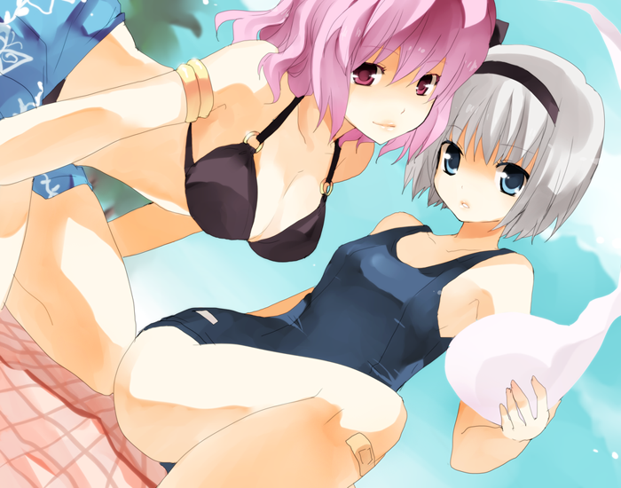 kurot, konpaku youmu, konpaku youmu (ghost), saigyouji yuyuko, touhou, silver hair, 2girls, armlet, bandaid, bandaid on knee, bandaid on leg, bikini, blue eyes, dutch angle, female focus, hairband, jewelry, multiple girls, o-ring, o-ring top, one-piece swimsuit, pink hair, school swimsuit, sitting, swimsuit