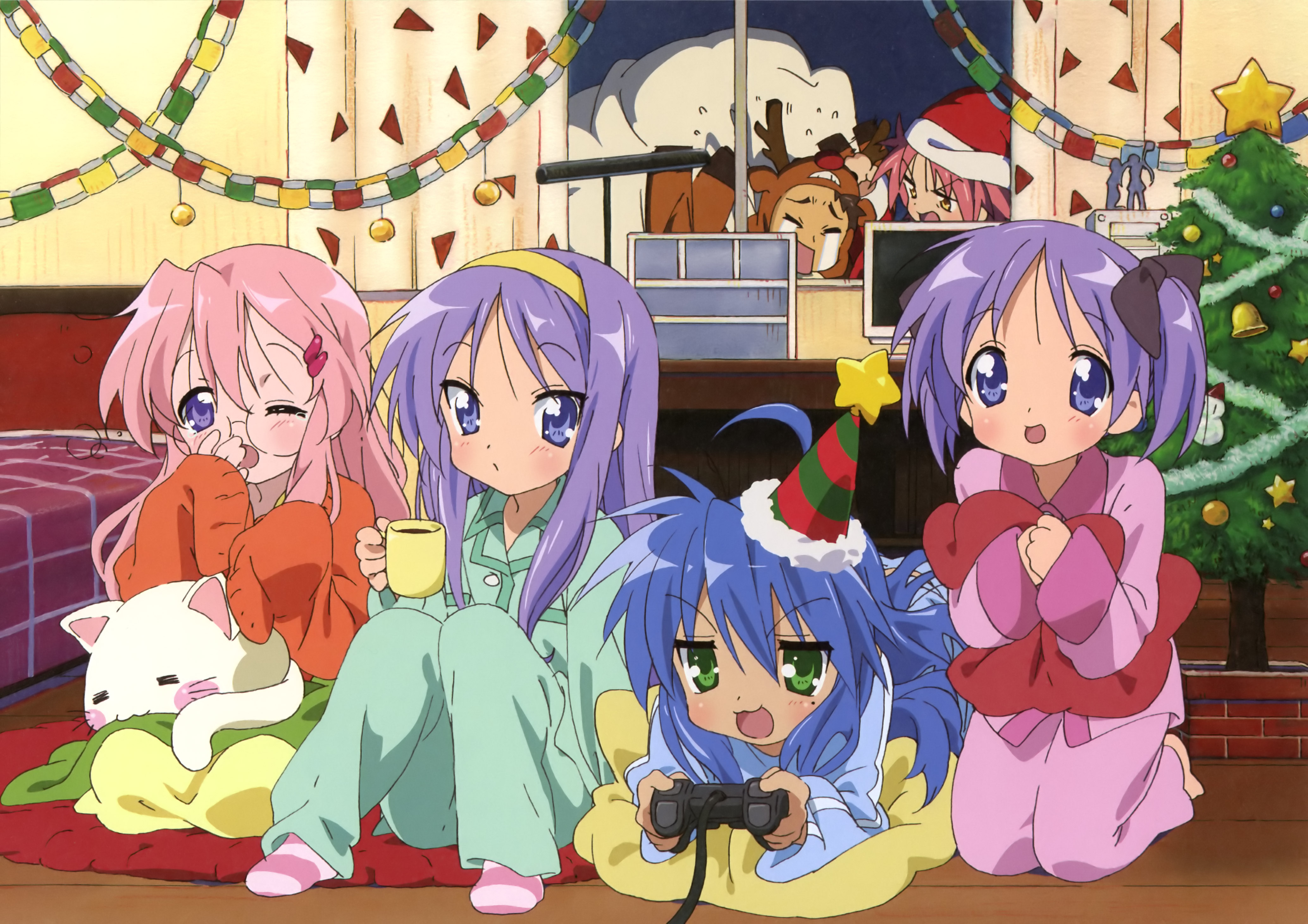 takemoto yasuhiro, hiiragi kagami, hiiragi tsukasa, izumi konata, kogami akira, shiraishi minoru, takara miyuki, lucky star, absurdres, highres, official art, 00s, 4girls, ahoge, alternate hairstyle, blue hair, christmas ornaments, computer, controller, cup, game console, glasses, hair down, hair ornament, hairclip, hat, hot chocolate, joystick, mole, mole under eye, monitor, mug, multiple girls, one eye closed, party hat, playing games, purple hair, siblings, sisters, twins, twintails, video game, wink