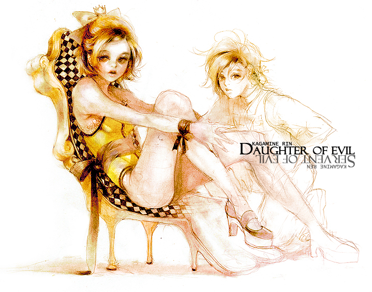 laphet, allen avadonia, kagamine len, kagamine rin, aku no musume (vocaloid), evillious nendaiki, vocaloid, bad id, bad pixiv id, 1boy, 1girl, alternate hairstyle, blonde hair, brother and sister, crown, hair ribbon, hugging own legs, ribbon, shoes, short hair, siblings, sitting, sketch, twins