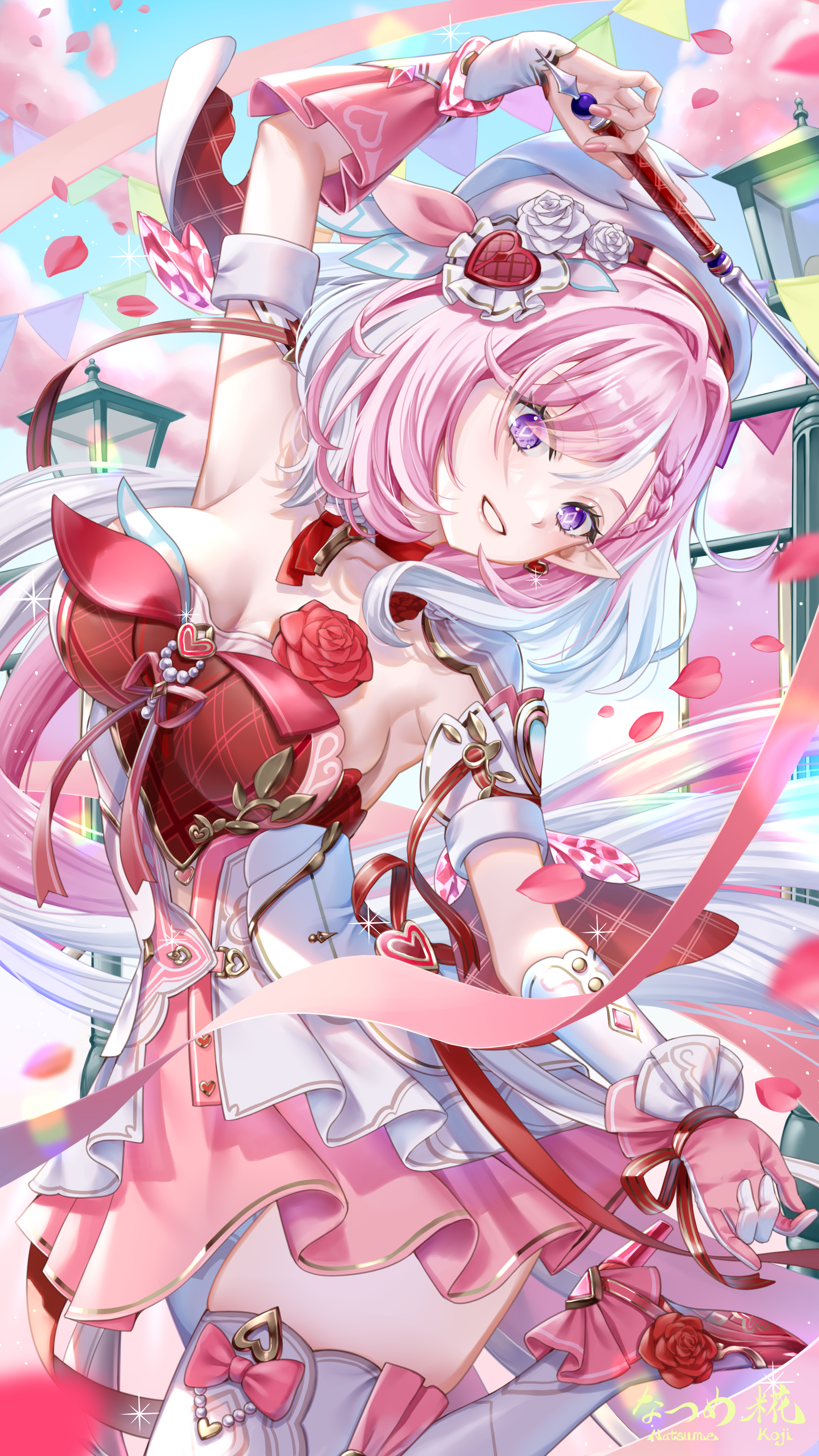 natsume koji, elysia (hi love elf) (honkai impact), elysia (honkai impact), honkai (series), honkai impact 3rd, absurdres, commentary request, highres, 1girl, arm up, artist logo, artist name, beret, breasts, cleavage, diamond-shaped pupils, diamond (shape), dress, earrings, fingernails, gloves, hair ornament, hat, heart, heart earrings, heart hair ornament, high heels, holding, holding wand, jewelry, large breasts, logo, long hair, looking down, multicolored hair, parted lips, pink dress, pink hair, pink shoes, pointy ears, purple eyes, shoes, single glove, smile, solo, symbol-shaped pupils, thighs, two-tone hair, very long hair, wand, white gloves, white hair, white hat