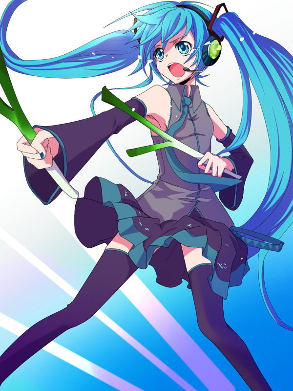 sayo (mutuha), hatsune miku, vocaloid, bad id, bad pixiv id, 1girl, blue eyes, blue hair, detached sleeves, female focus, gradient background, headphones, headset, long hair, matching hair/eyes, necktie, open mouth, skirt, solo, spring onion, tears, thighhighs, twintails, zettai ryouiki