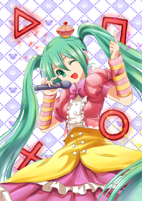 w rong, hatsune miku, project diva, project diva (series), vocaloid, striped, 1girl, crown, female focus, green eyes, green hair, heart, index finger raised, long hair, matching hair/eyes, microphone, mini crown, one eye closed, open mouth, smile, solo, square, twintails, very long hair, wink