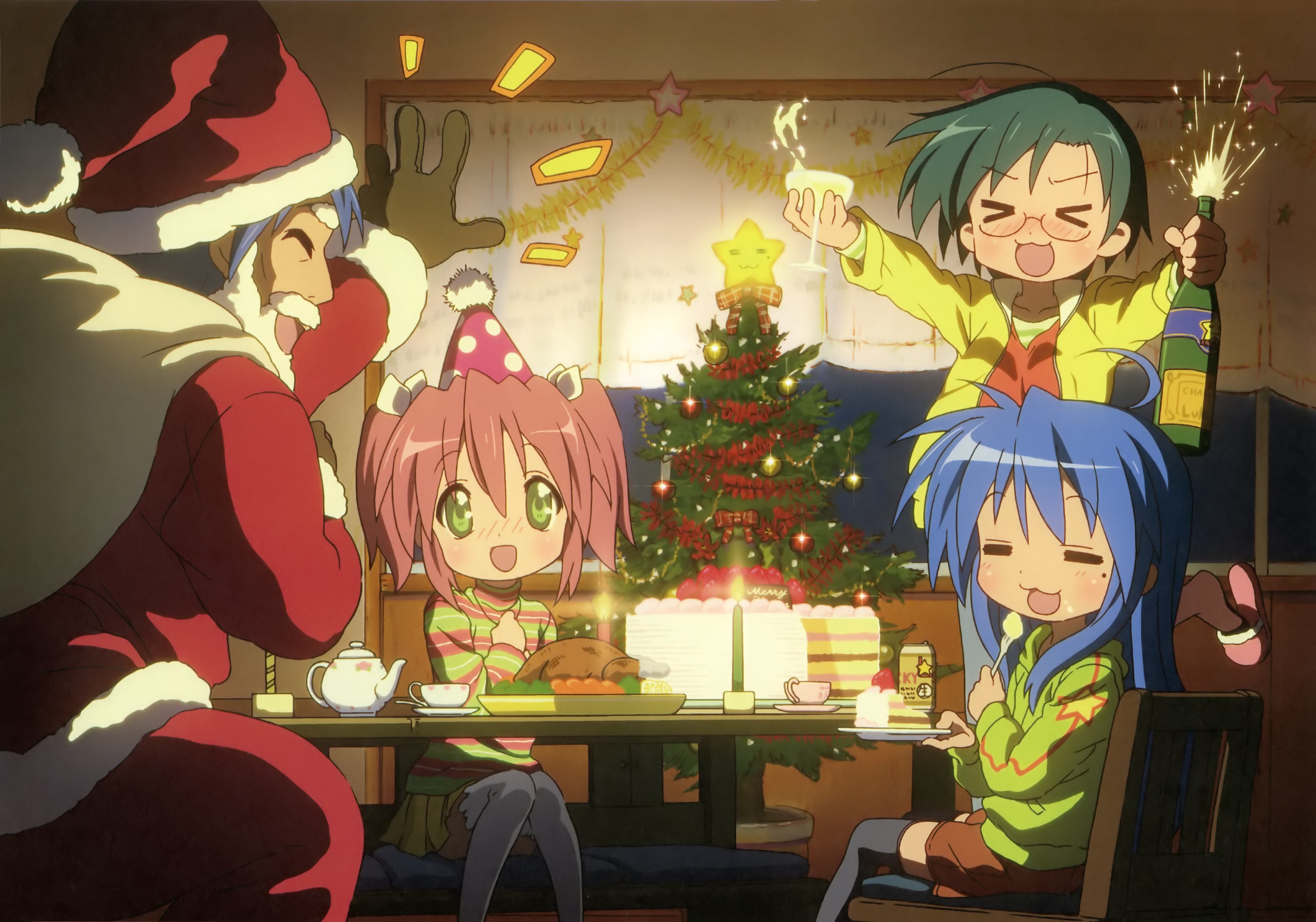 akitake seiichi, izumi konata, izumi soujirou, kobayakawa yutaka, narumi yui, lucky star, absurdres, highres, official art, > <, 00s, 1boy, 3girls, :3, = =, age difference, ahoge, blue hair, cake, christmas, christmas ornaments, closed eyes, eating, father and daughter, food, green eyes, happy, hat, long hair, mole, mole under eye, multiple girls, open mouth, pantyhose, party hat, santa costume, santa hat, short hair, siblings, sisters, table, x3