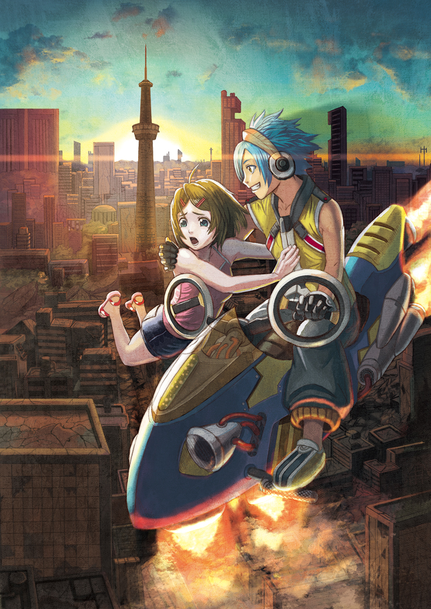 tatsunami takeshi, original, blue hair, brown hair, city, cityscape, cloud, denim, denim shorts, flying, gloves, hair ornament, hairclip, headphones, ruins, sandals, short hair, shorts, sky