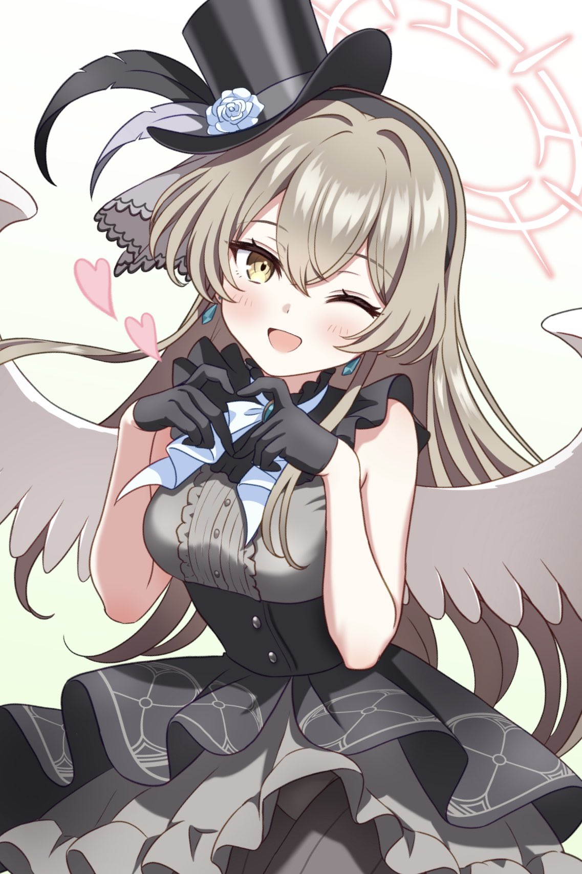 gesupi (provlemsolver57), nagisa (blue archive), blue archive, commentary request, highres, 1girl, black dress, black gloves, black hairband, black hat, blush, breasts, brown eyes, brown hair, dress, gloves, hairband, halo, hat, heart, heart hands, long hair, looking at viewer, medium breasts, one eye closed, open mouth, red halo, sleeveless, sleeveless dress, smile, solo, white wings, wings