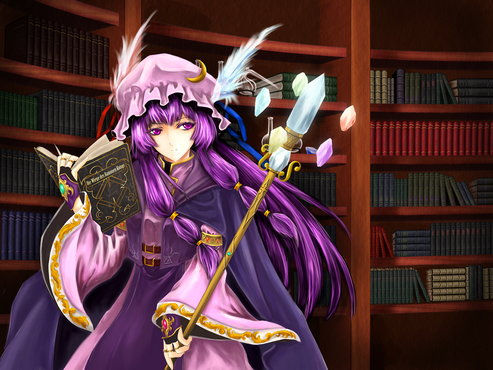 blackwing phoenix, patchouli knowledge, touhou, bad id, bad pixiv id, translated, 1girl, book, crescent, female focus, fingerless gloves, german text, gloves, hat, library, long hair, purple eyes, purple hair, solo, staff, standing, text focus, voile