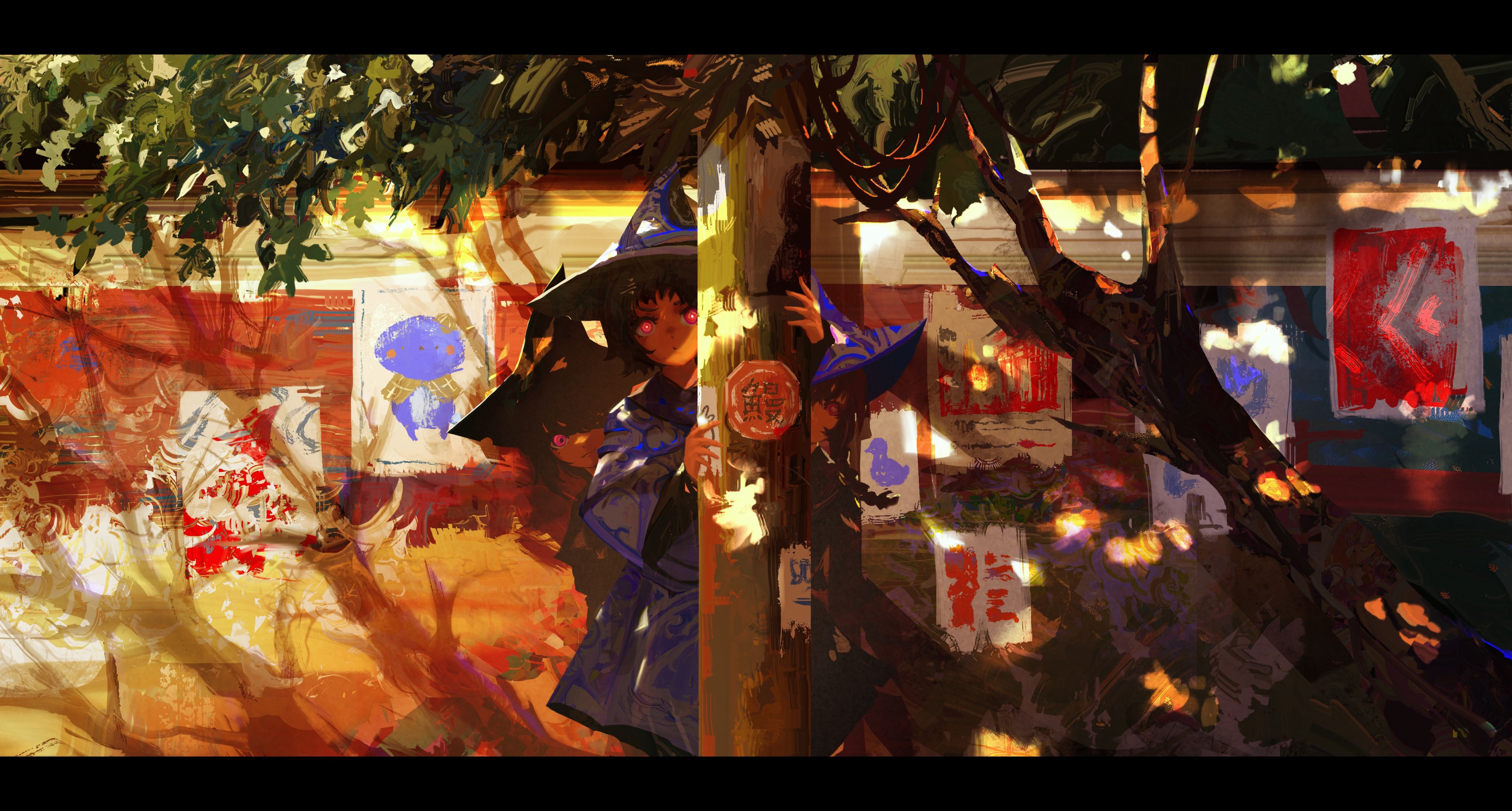 kevin adi, original, absurdres, commentary, english commentary, highres, 3girls, black hair, colorful, dark skin, hat, looking at viewer, multiple girls, red eyes, short hair, tree, utility pole, wizard hat