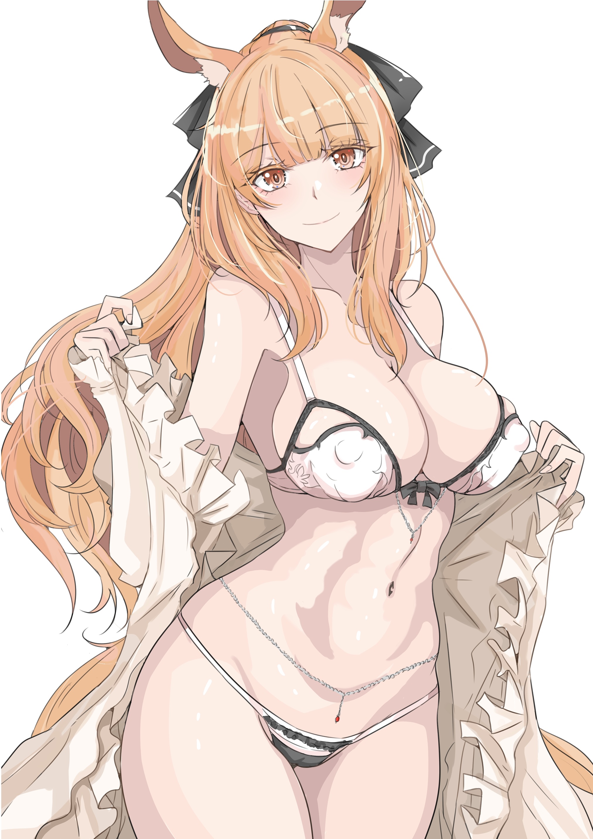 ken (shutenndouji1), blemishine (arknights), arknights, absurdres, commentary request, highres, 1girl, animal ear fluff, animal ears, black panties, blonde hair, blunt bangs, blush, bow, bow bra, bra, breasts, collarbone, covered erect nipples, cowboy shot, dress, extra ears, flashing, horse ears, horse girl, horse tail, jewelry, large breasts, linea alba, long hair, long sidelocks, long sleeves, looking at viewer, micro panties, navel, nightgown, open clothes, open dress, panties, ponytail, sidelocks, simple background, smile, solo, spaghetti strap, stomach, tail, undersized breast cup, underwear, white background, white bra, white nightgown, yellow eyes