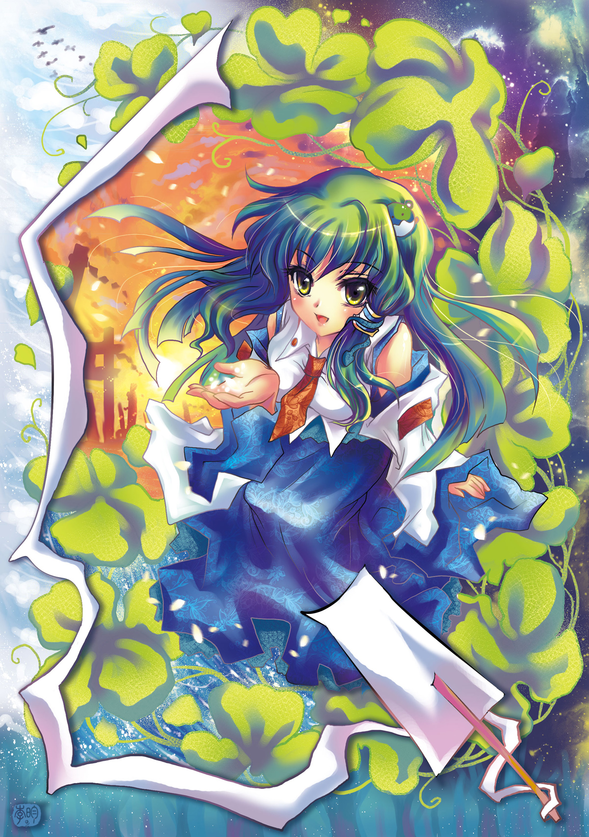 riyun (halodark), kochiya sanae, touhou, bad id, bad pixiv id, highres, 1girl, detached sleeves, female focus, frog, green hair, hair ornament, long hair, snake, solo, yellow eyes