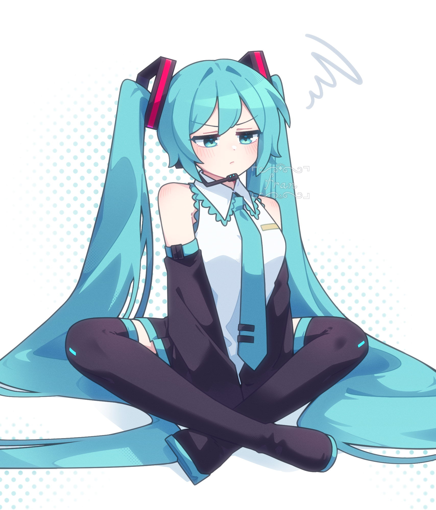 fran (fran122), hatsune miku, vocaloid, check commentary, commentary, commentary request, highres, 1girl, aqua eyes, aqua hair, bare shoulders, between legs, black boots, black skirt, boots, detached sleeves, full body, hand between legs, headset, indian style, jitome, light frown, long hair, shirt, sitting, skirt, sleeveless, sleeveless shirt, solo, thigh boots, twintails, v-shaped eyebrows, very long hair, white shirt