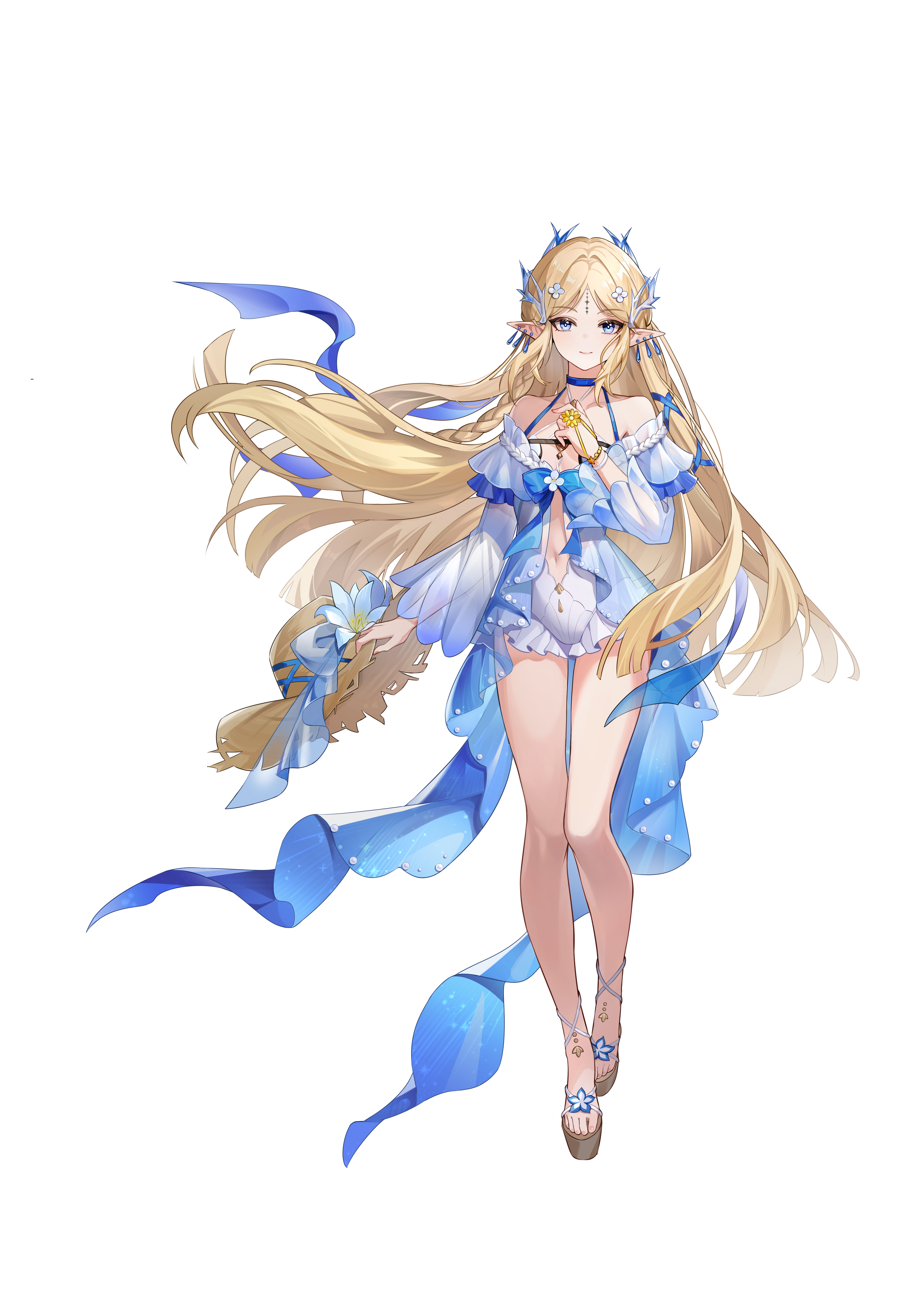 cartethyia (wuthering waves), wuthering waves, absurdres, chinese commentary, commentary request, highres, official art, 1girl, blue eyes, braid, closed mouth, earrings, flower, full body, hair ornament, hand on own chest, hat, hat flower, holding, holding unworn clothes, holding unworn hat, jewelry, light smile, long hair, looking at viewer, navel, platform sandals, pointy ears, sandals, simple background, single braid, solo, straight-on, straw hat, sun hat, tacet mark (wuthering waves), tachi-e, unworn hat, unworn headwear, very long hair, weil-7, white background