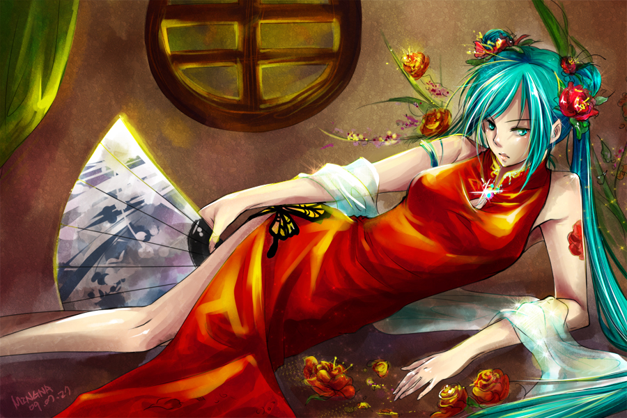 mingna, hatsune miku, vocaloid, bad id, bad pixiv id, 1girl, aqua eyes, aqua hair, china dress, chinese clothes, double bun, dress, female focus, flower, folding fan, hair bun, hand fan, holding, holding fan, indoors, long hair, lying, on side, solo, twintails, very long hair