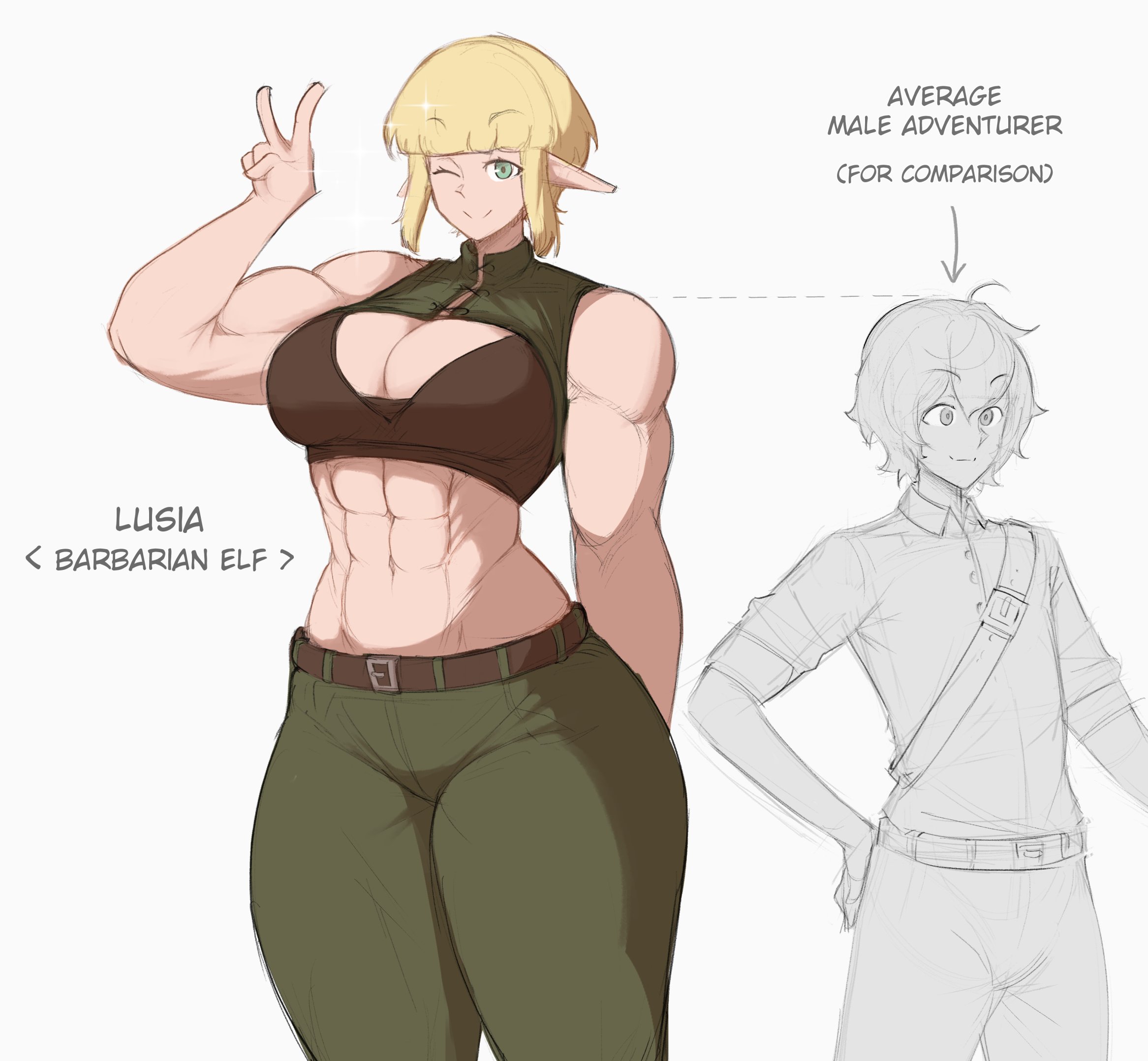 original, commentary, english commentary, highres, 1girl, abs, biceps, blonde hair, breasts, cleavage, elf, green eyes, height, height chart, height difference, large breasts, muscular, muscular female, navel, obliques, pointy ears, short male, size comparison, size difference, tall female, thick arms, thick thighs, thighs, v, zeph505