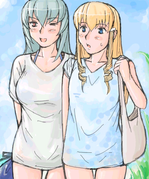 tsuda nanafushi, shinku, suigintou, rozen maiden, silver hair, 00s, 2girls, aged up, blonde hair, blue eyes, breasts, casual, large breasts, multiple girls, one eye closed, red eyes, wink