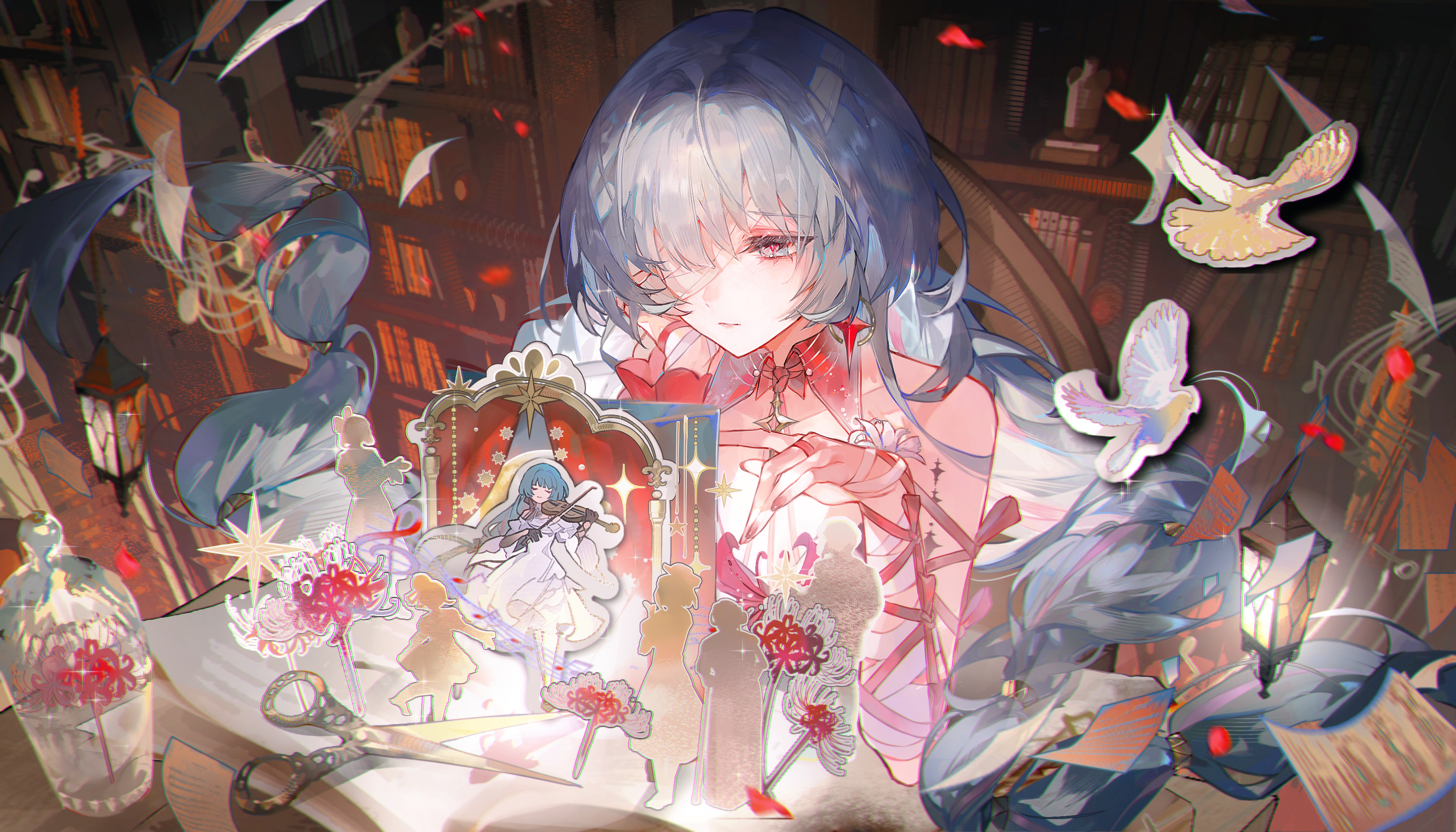 colyba, phrolova (wuthering waves), wuthering waves, absurdres, highres, 1girl, bandage over one eye, bandaged arm, bandages, bare shoulders, closed mouth, dress, earrings, fingernails, flower, grey eyes, grey hair, indoors, jewelry, library, long hair, looking down, nail polish, pop-up book, red flower, red nails, scissors, solo, spider lily, tacet mark (wuthering waves), white dress