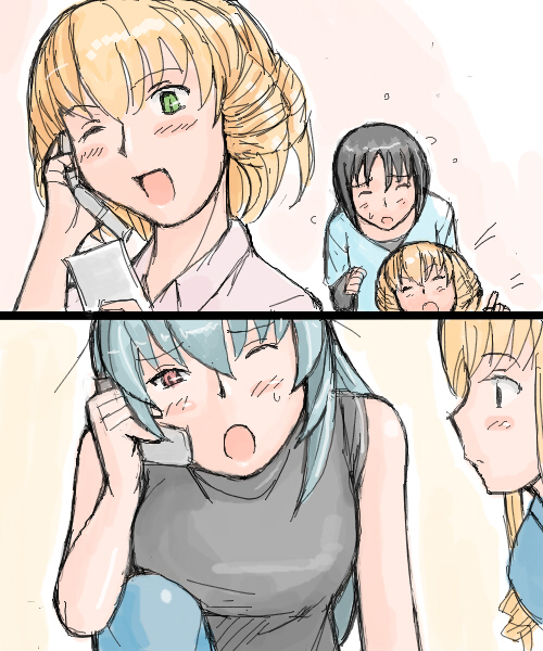 tsuda nanafushi, hinaichigo, kashiwaba tomoe, shinku, suigintou, rozen maiden, 00s, 5girls, aged up, black hair, blonde hair, casual, green eyes, multiple girls, one eye closed, red eyes, short hair, siblings, wink