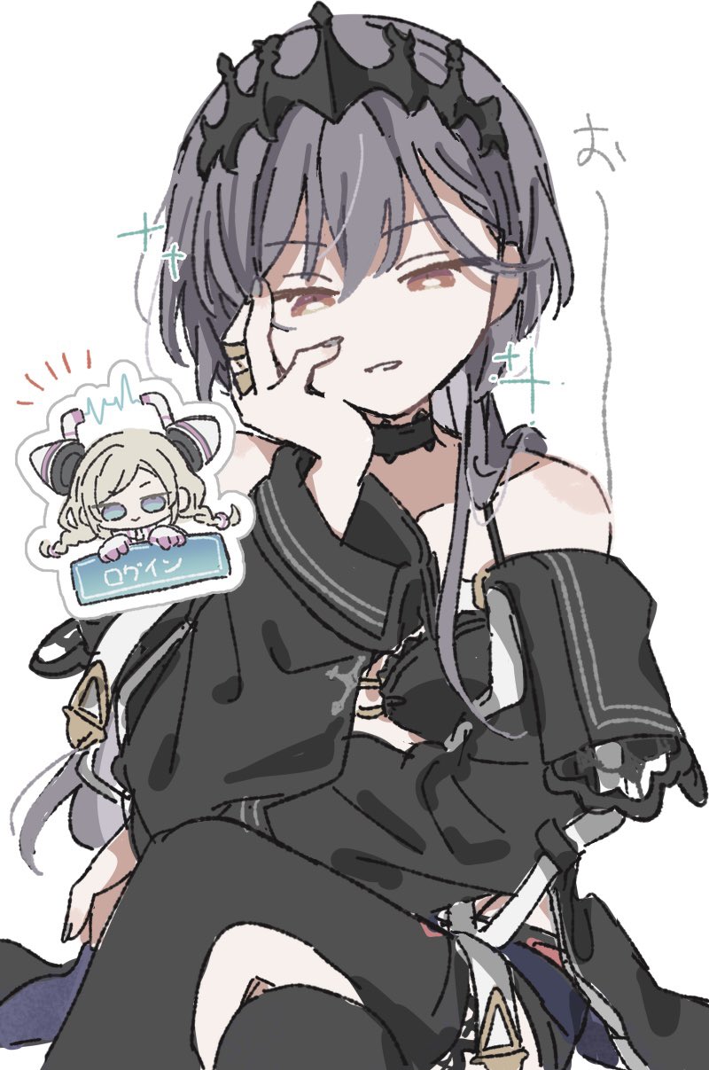 ceras yanagida lilienfeld, katsuragi izumi, sumeragi setsuna, link! like! love live!, love live!, ongeki, highres, translation request, 2girls, bare shoulders, black thighhighs, blue eyes, braid, chibi, chibi inset, closed mouth, cosplay, crossed legs, grey hair, long hair, looking at viewer, low twin braids, muf oo, multiple girls, navi-nyan, navi-nyan (cosplay), o-ring, orange eyes, simple background, sitting, sparkle, sumeragi setsuna (cosplay), thighhighs, twin braids, virtual youtuber, white background