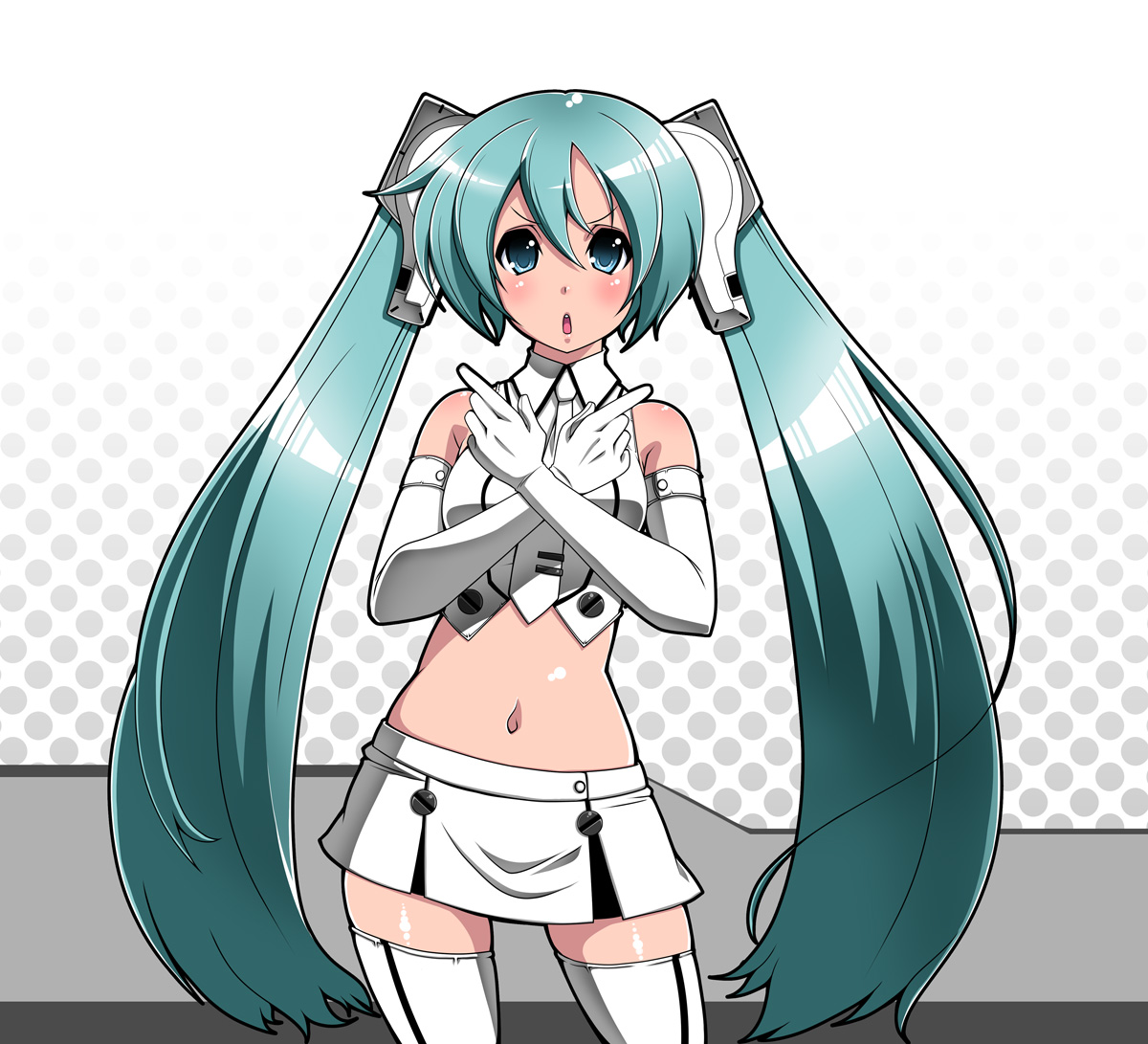 satsuki imonet, drossel von flugel, hatsune miku, disney, fireball (series), vocaloid, >:o, 1girl, :o, aqua eyes, aqua hair, cosplay, drossel von flugel (cosplay), elbow gloves, female focus, gloves, halftone, halftone background, long hair, midriff, navel, necktie, open mouth, parody, skirt, solo, thighhighs, twintails, v-shaped eyebrows, very long hair, white gloves, x arms, zettai ryouiki