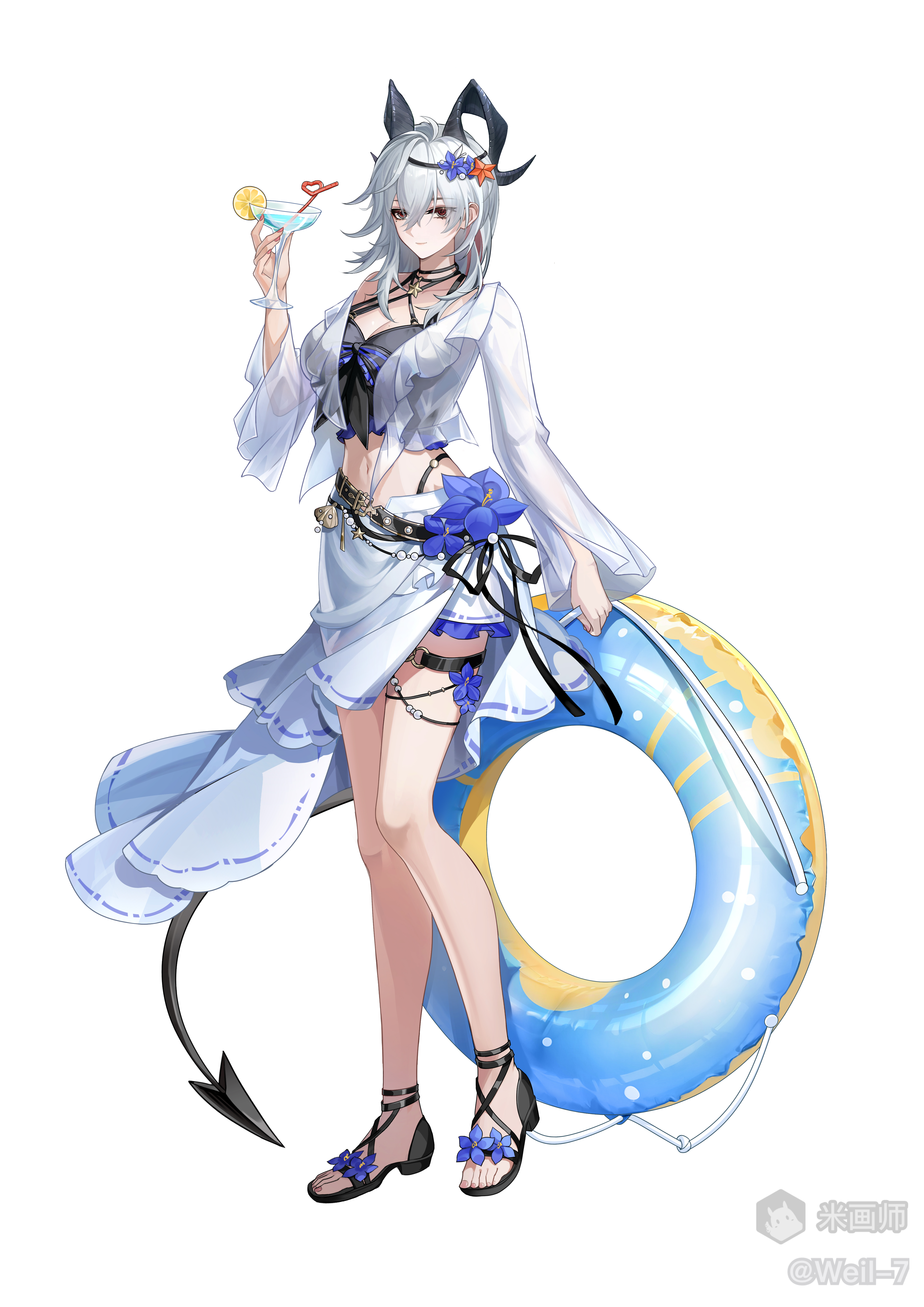 zani (wuthering waves), wuthering waves, large arm, absurdres, highres, official art, 1girl, ahoge, black horns, black shirt, black tail, closed mouth, crop top, cup, curled horns, demon tail, drinking glass, full body, hair between eyes, holding, holding cup, horns, jacket, long hair, looking at viewer, multicolored hair, navel, o-ring, o-ring thigh strap, official alternate costume, red eyes, sandals, sarong, shirt, simple background, smile, solo, stomach, streaked hair, swim ring, tail, thigh strap, thighs, watermark, weil-7, white background, white jacket, white sarong