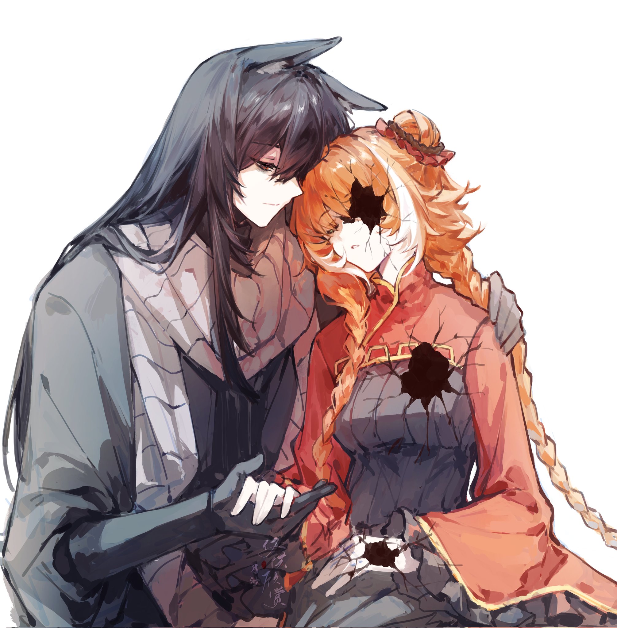 kinala6490098, ishmael (project moon), yi sang (project moon), limbus company, project moon, chinese commentary, commentary request, highres, 1boy, 1girl, black dress, black eyes, black hair, braid, closed eyes, closed mouth, crack, dress, family hierarch candidate (identity) (project moon), frilled sleeves, frills, gold trim, grey scarf, heishou pack-wu branch (identity) (project moon), long hair, low twin braids, multicolored hair, orange hair, parted lips, red shrug, ribbed sweater, scarf, shrug (clothing), sidelocks, simple background, smile, streaked hair, sweater, twin braids, very long hair, white background, white hair