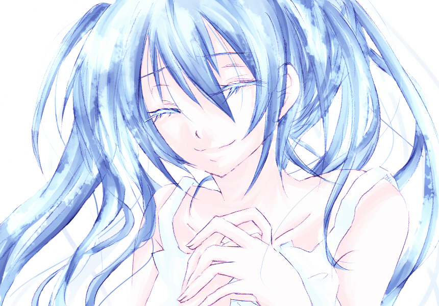aheruk, kureha (pixiv421077), hatsune miku, vocaloid, bad id, bad pixiv id, 1girl, blue hair, closed eyes, female focus, long hair, simple background, smile, solo, twintails