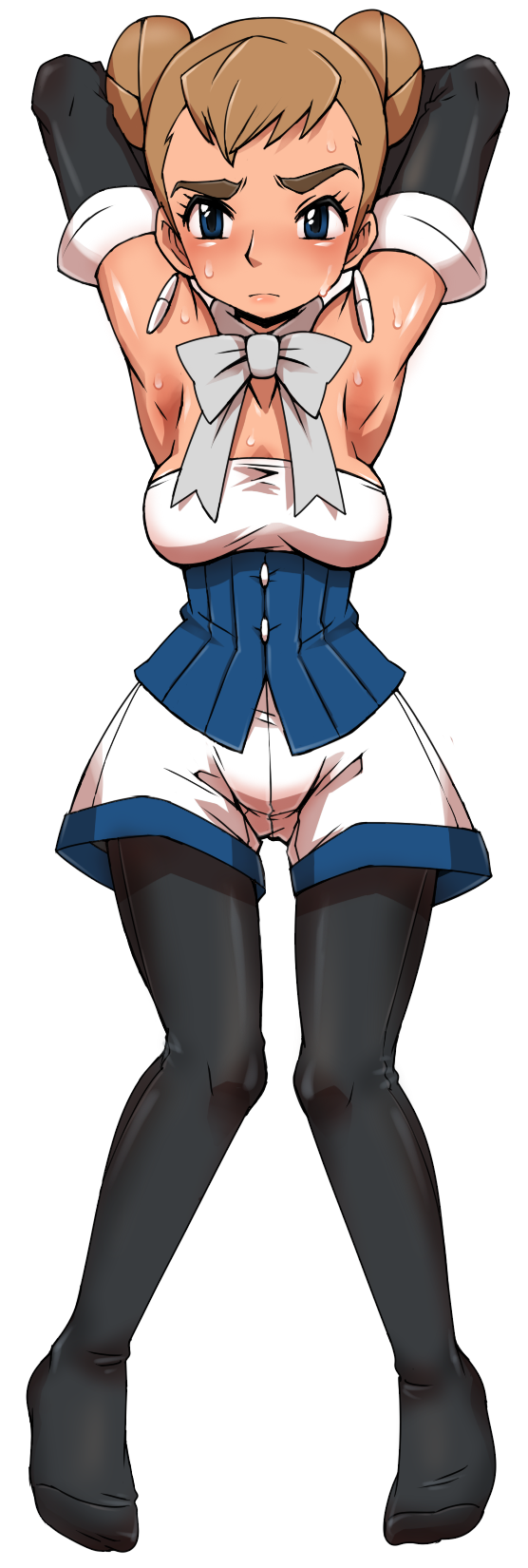 hun (uyonis), sheena (pokemon), nintendo, pokemon, pokemon: arceus and the jewel of life, pokemon (anime), pokemon dppt (anime), bad id, bad pixiv id, highres, long image, tall image, 1girl, armpits, arms behind head, blue eyes, breasts, brown hair, cleavage, earrings, feet, female focus, full body, jewelry, knees together feet apart, legs, looking at viewer, pantyhose, pantyhose under shorts, shorts, simple background, solo, sweat, thick eyebrows