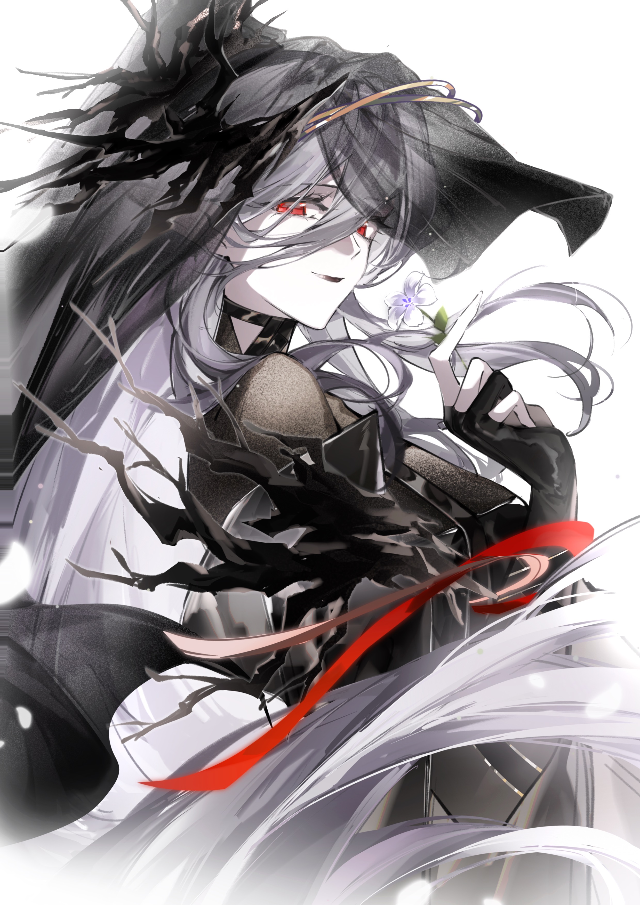 laqeramaline (arknights), arknights, absurdres, commentary request, highres, 1girl, black dress, breasts, demon girl, demon horns, dress, head wings, horns, large breasts, mature female, pale skin, pointy ears, shurunichenggwkni, solo, wings