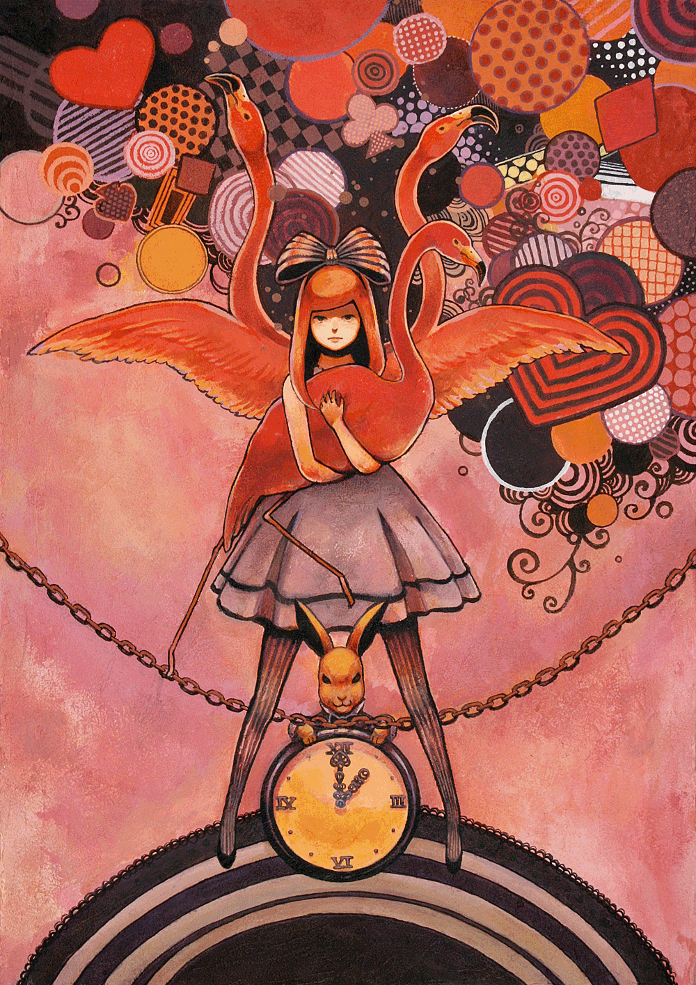 alice (alice in wonderland), kagamine rin, white rabbit (alice in wonderland), alice's adventures in wonderland, vocaloid, bad id, bad pixiv id, highres, bird, blonde hair, chain, dress, flamingo, hair ribbon, heart, long hair, pantyhose, pocket watch, rabbit, ribbon, solo, watch