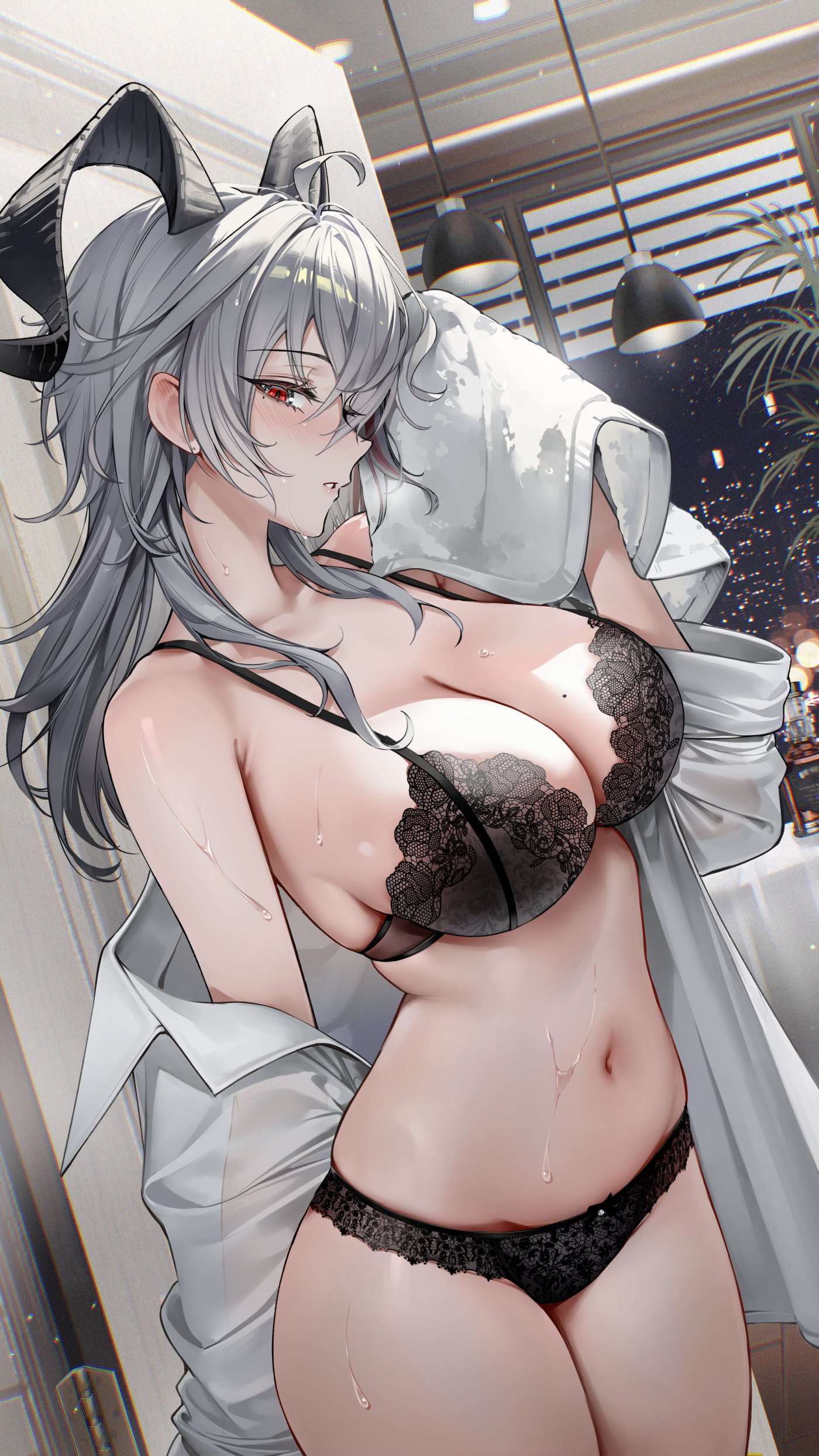 rity, zani (wuthering waves), wuthering waves, absurdres, highres, revision, 1girl, black bra, black horns, black panties, blush, bra, breasts, breath, chromatic aberration, collarbone, cowboy shot, curled horns, grey hair, holding, holding towel, horns, indoors, large breasts, long hair, looking at viewer, mole, mole on breast, mole under eye, navel, night, open clothes, open shirt, panties, parted lips, red eyes, shirt, sidelocks, solo, stomach, towel, underwear, wet, white shirt