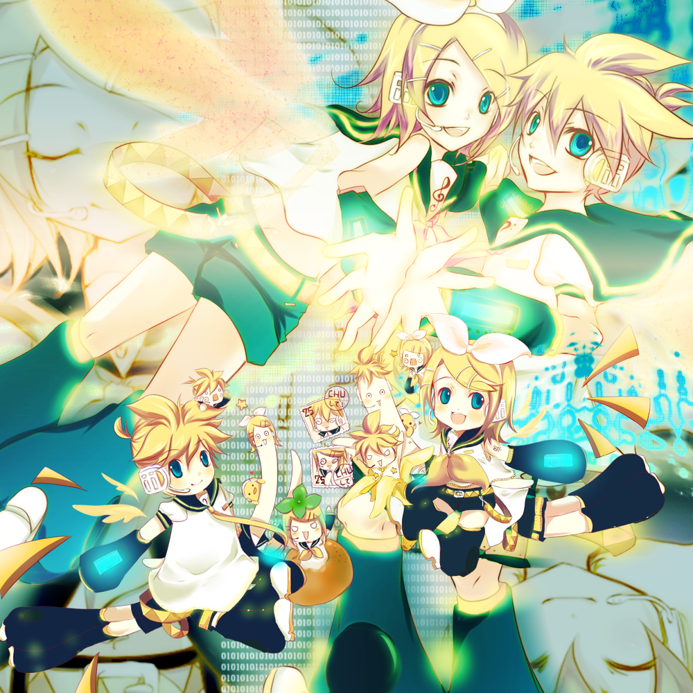 soriku, kagamine len, kagamine rin, vocaloid, bad id, bad pixiv id, 1boy, 1girl, banana, binary, blonde hair, blue eyes, brother and sister, chibi, food, fruit, hair ornament, hair ribbon, hairclip, headphones, headset, necktie, orange (fruit), ribbon, short hair, shorts, siblings, smile, twins, wings