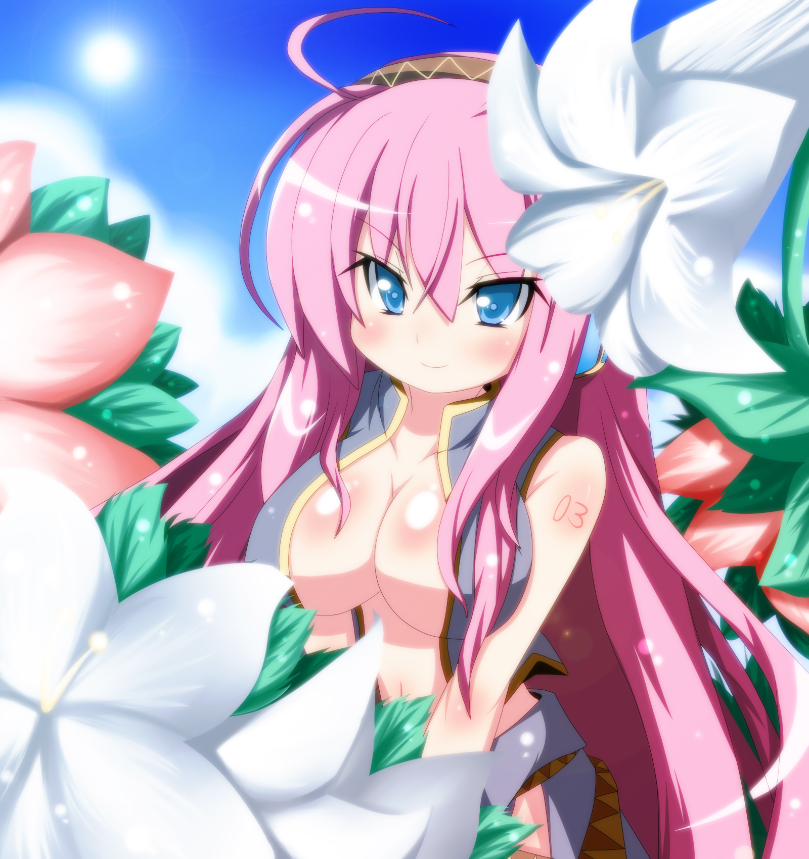 oborotsuki kakeru, megurine luka, vocaloid, highres, 1girl, ahoge, blue eyes, breasts, cleavage, day, female focus, flower, large breasts, long hair, midriff, nature, navel, outdoors, pink hair, sky, smile, solo, sun