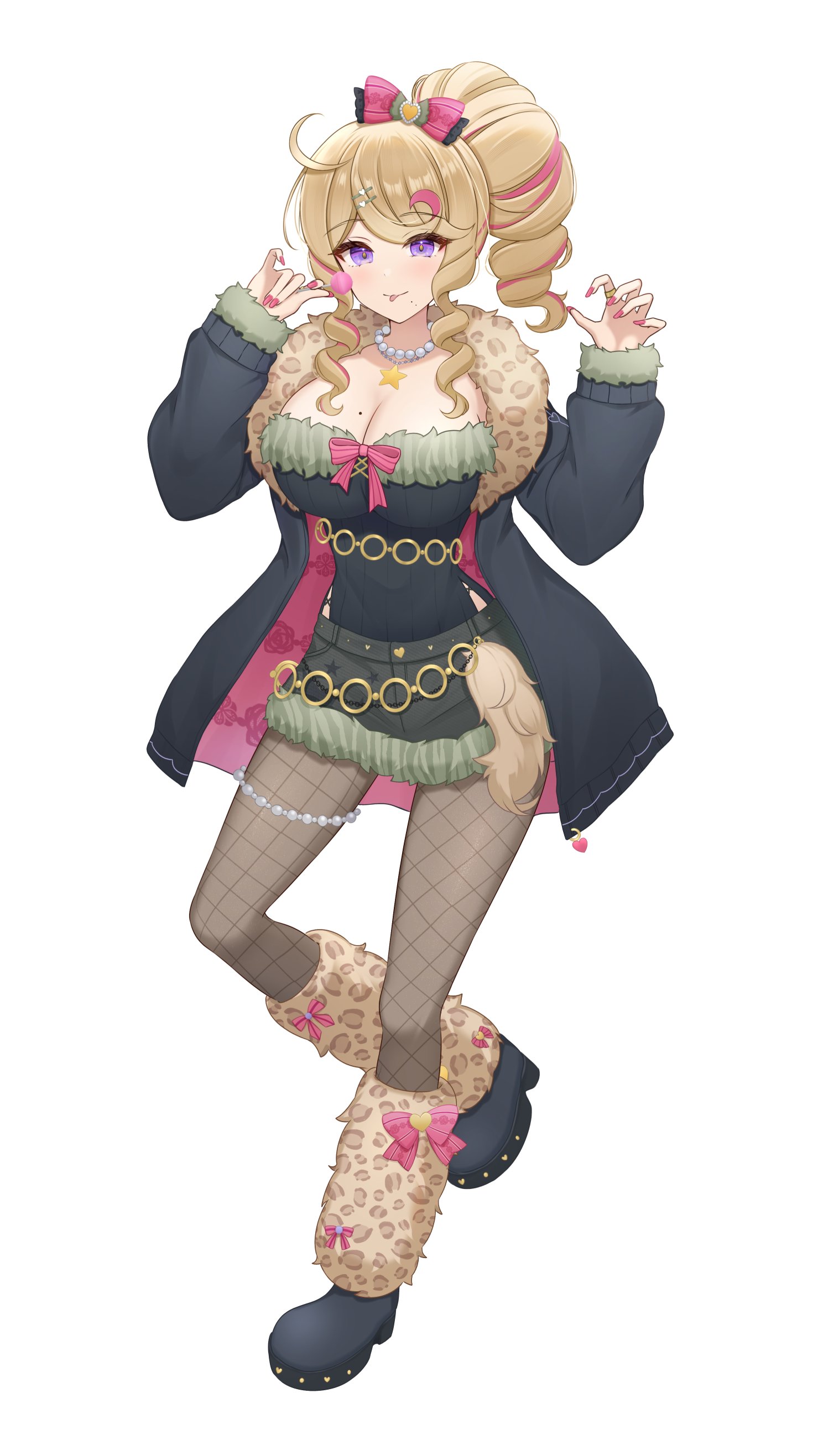 yukiunag1, absurdres, commentary, english commentary, highres, official art, second-party source, 1girl, animal print, black jacket, black shoes, blonde hair, bow, breasts, candy, colored inner hair, drill hair, drill ponytail, drill sidelocks, fingernails, fishnet pantyhose, fishnets, food, full body, fur-trimmed jacket, fur trim, hair bow, hair ornament, hairclip, heartsync, holding, holding candy, holding food, holding lollipop, huge breasts, jacket, jewelry, leopard print, lollipop, looking at viewer, mole, mole on breast, mole under mouth, multicolored hair, nail polish, necklace, open clothes, open jacket, pantyhose, pink hair, pink nails, purple eyes, shoes, side ponytail, sidelocks, siena olena, simple background, solo, star (symbol), star necklace, tongue, two-tone hair, white background