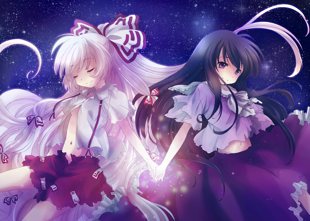 kona, kona (canaria), fujiwara no mokou, houraisan kaguya, touhou, silver hair, bad id, bad pixiv id, 2girls, black hair, closed eyes, female focus, hair ribbon, holding hands, long hair, midriff, multiple girls, navel, no bra, open clothes, open shirt, red eyes, ribbon, shirt, suspenders, torn clothes