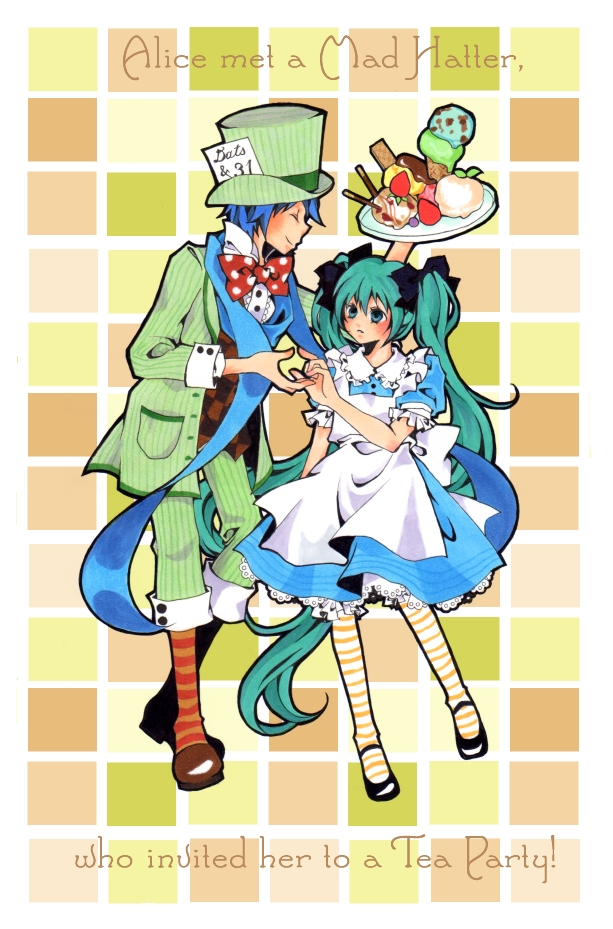 tomoshibi rei, alice (alice in wonderland), hatsune miku, kaito (vocaloid), mad hatter (alice in wonderland), alice's adventures in wonderland, vocaloid, bad id, bad pixiv id, 1boy, 1girl, alice (alice in wonderland) (cosplay), apron, aqua eyes, aqua hair, blue dress, blue hair, blue scarf, cake, cosplay, dress, english text, food, formal clothes, frills, hat, ice cream, long hair, pantyhose, pastry, plate, scarf, shoes, smile, striped clothes, striped pantyhose, striped thighhighs, suit, thighhighs, top hat, twintails, very long hair