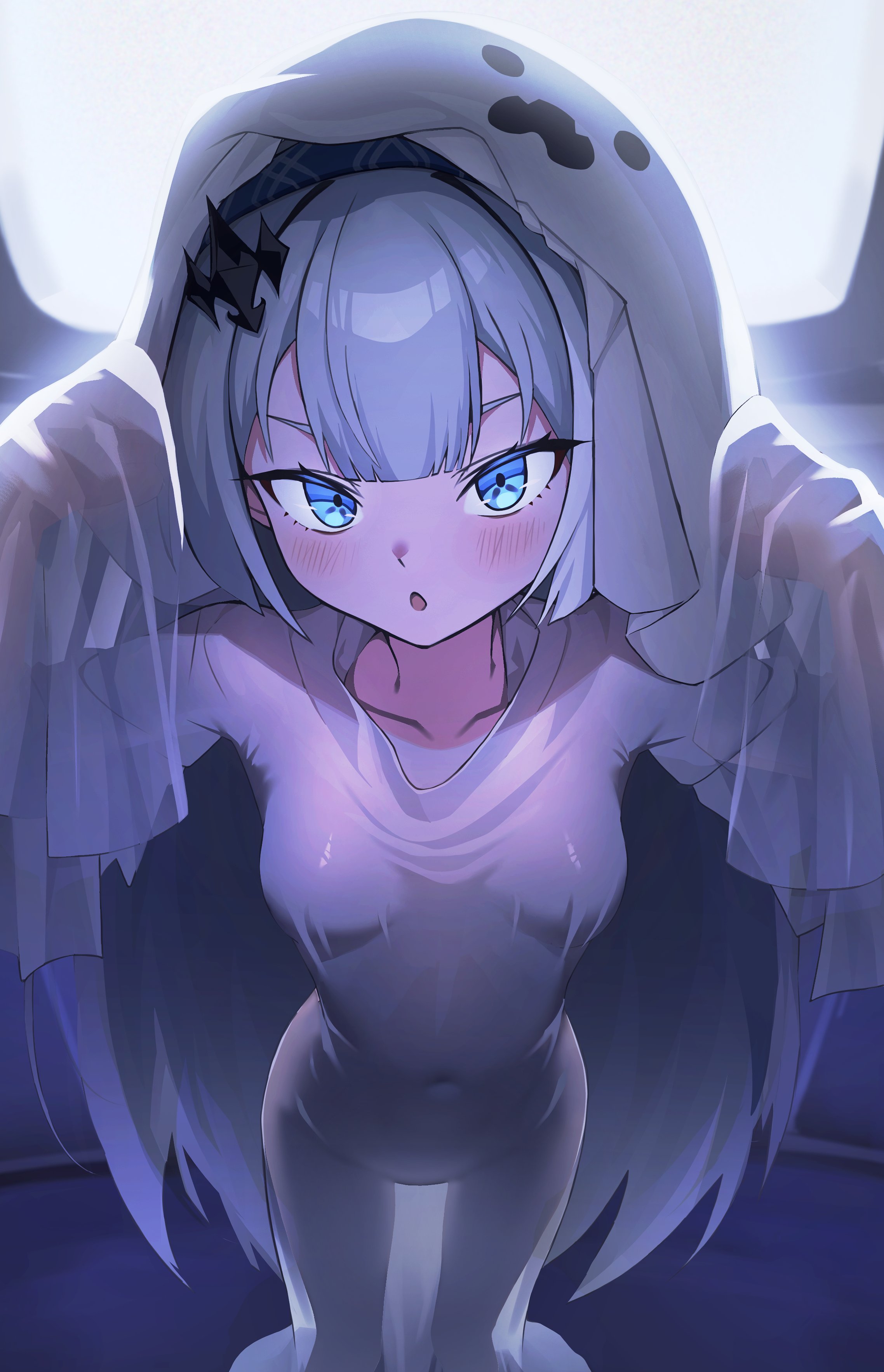 female tyrant (stella sora), tyrant (stella sora), stella sora, absurdres, commentary, highres, symbol-only commentary, 1girl, :o, alternate costume, ariz se, backlighting, bed sheet, blue eyes, blue hairband, blush, breasts, claw pose, collarbone, covered navel, extra pupils, from above, ghost costume, grey hair, hair ornament, hairband, long hair, naked sheet, see-through clothes, small breasts, solo, thigh gap, very long hair