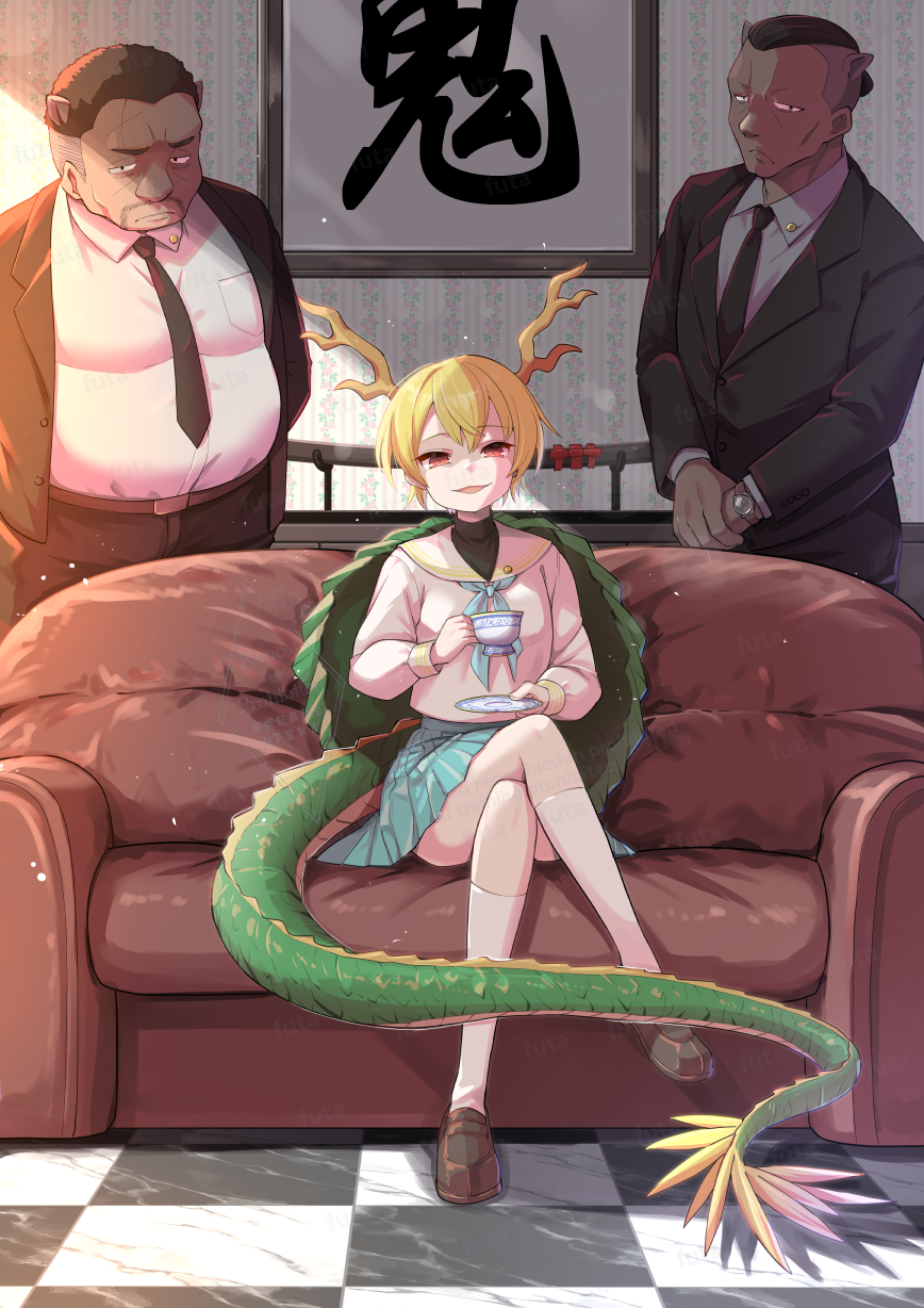 futa (nabezoko), kicchou yachie, otter spirit (touhou), touhou, commentary request, highres, 1girl, 2boys, aqua skirt, armchair, blonde hair, blue skirt, chair, crossed legs, cup, dragon horns, dragon tail, formal clothes, green scales, holding, holding cup, horns, katana, long sleeves, looking at viewer, multiple boys, neckerchief, necktie, open mouth, otter, pleated skirt, red eyes, sailor collar, sailor shirt, school uniform, serafuku, shirt, shoes, short hair, skirt, smile, socks, sword, tail, teacup, turtle shell, weapon, white sailor collar, white shirt, white socks, yakuza, yellow horns