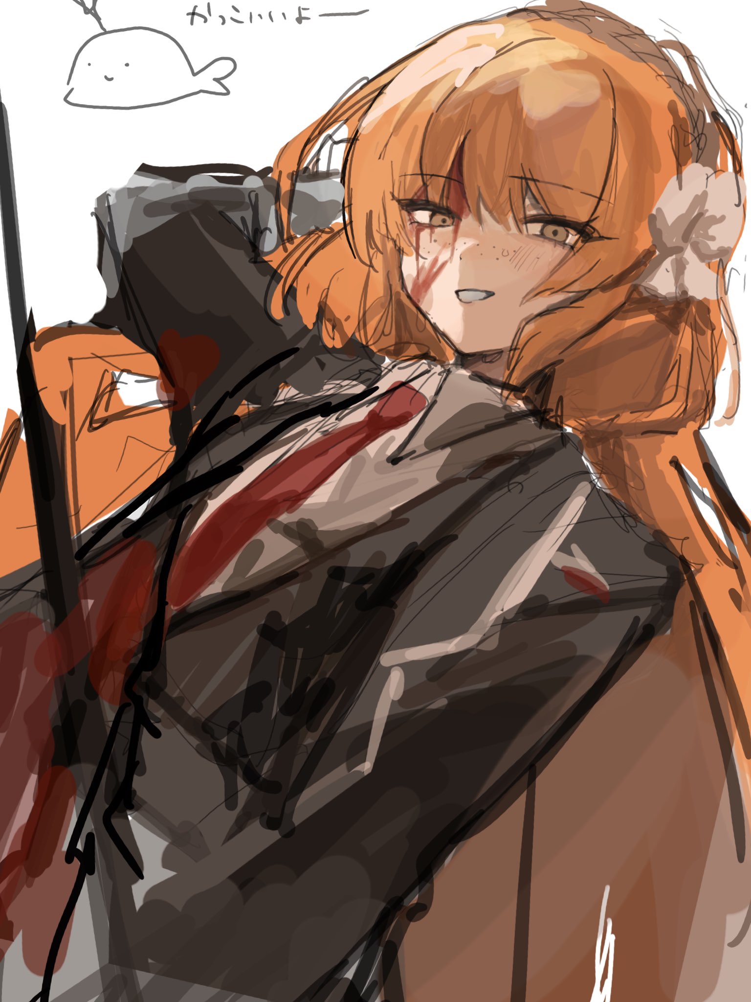 ishmael (project moon), limbus company, project moon, highres, 1girl, arm up, black jacket, black vest, blood, blood on face, bow, brown hairband, collared shirt, green eyes, hair bow, hairband, jacket, lapels, long hair, notched lapels, orange hair, parted lips, rope, shirt, sidelocks, simple background, smile, solo, surishi75yaka, upper body, very long hair, vest, whale, white background, white bow, white shirt