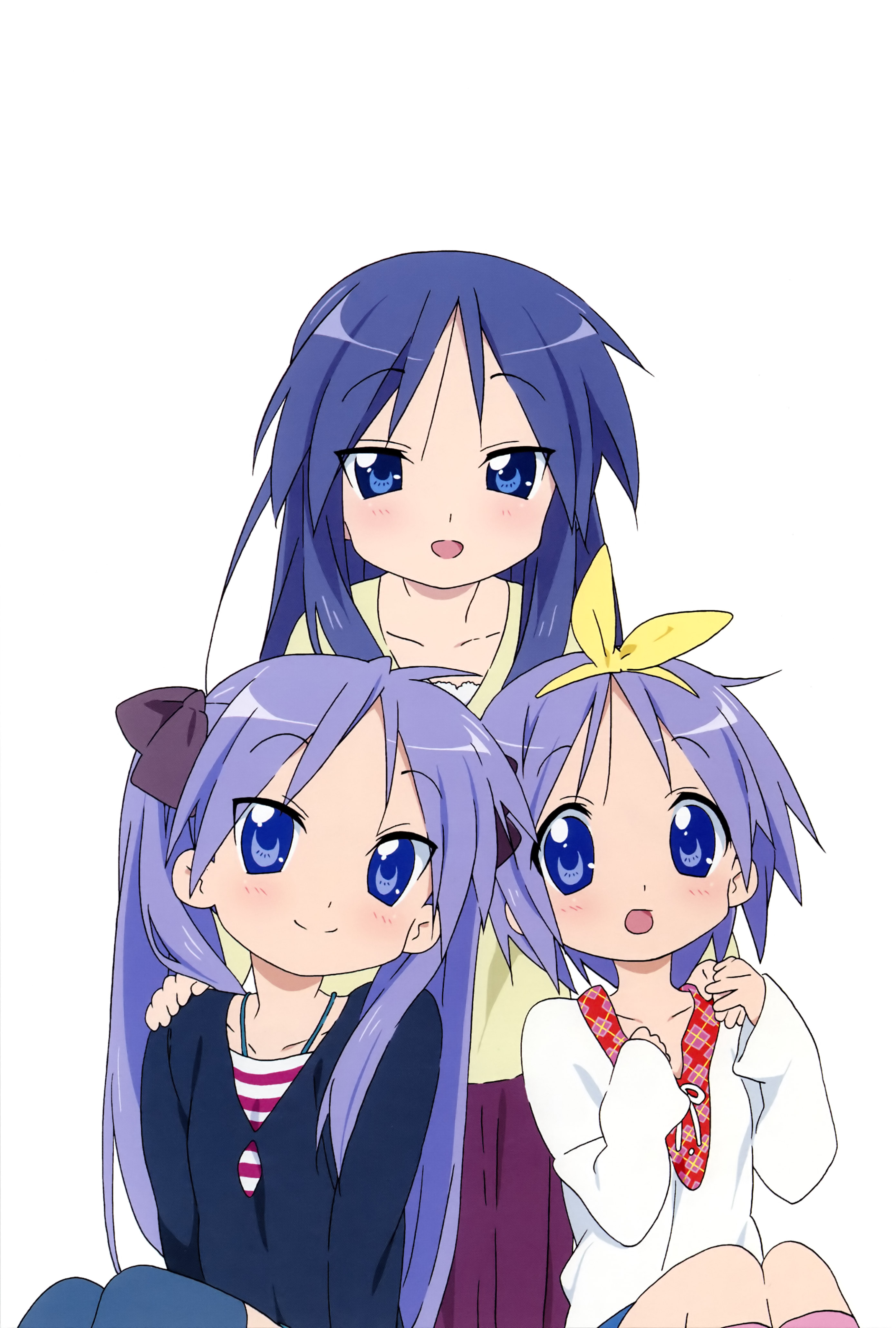 horiguchi yukiko, hiiragi kagami, hiiragi miki, hiiragi tsukasa, lucky star, absurdres, highres, official art, 00s, age difference, blouse, kneehighs, mother and daughter, parted bangs, shirt, siblings, sisters, socks, striped clothes, striped shirt, thighhighs, twins, white background, white shirt