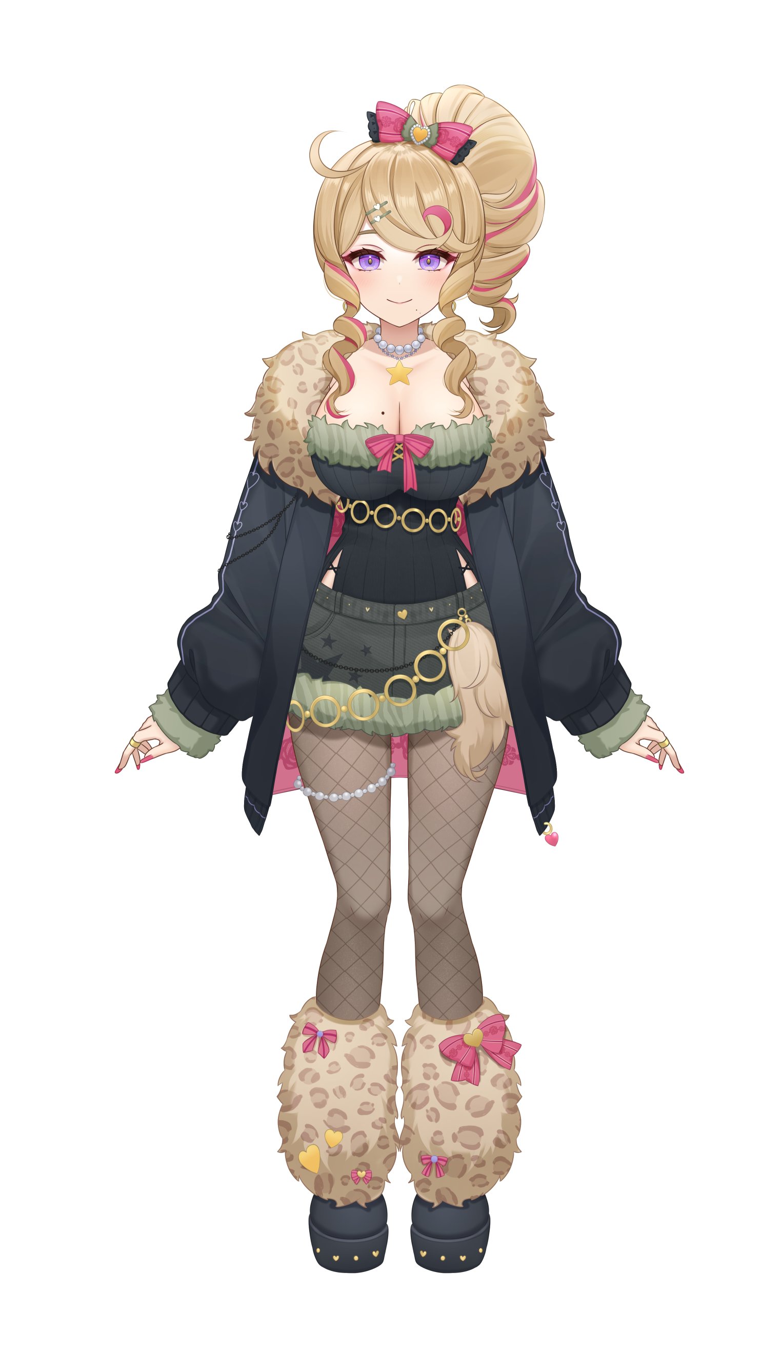 yukiunag1, absurdres, commentary, english commentary, highres, 1girl, animal print, black jacket, black shoes, blonde hair, bow, breasts, colored inner hair, drill hair, drill ponytail, drill sidelocks, fingernails, fishnet pantyhose, fishnets, full body, fur-trimmed jacket, fur trim, hair bow, hair ornament, hairclip, heartsync, huge breasts, jacket, jewelry, leopard print, looking at viewer, mole, mole on breast, mole under mouth, multicolored hair, nail polish, necklace, open clothes, open jacket, pantyhose, pink hair, pink nails, purple eyes, shoes, side ponytail, sidelocks, siena olena, simple background, solo, star (symbol), star necklace, straight-on, tachi-e, tongue, two-tone hair, white background