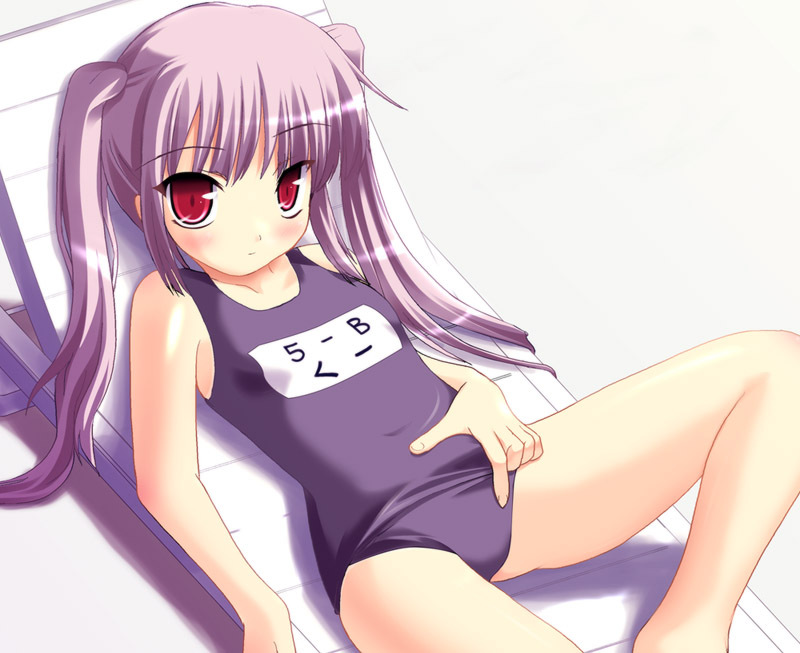 safi, kooh (pangya), pangya, duplicate, 1girl, blue one-piece swimsuit, chair, character name, female focus, from above, grey background, hand on own hip, long hair, lounge chair, lying, on chair, one-piece swimsuit, purple hair, purple school swimsuit, red eyes, school swimsuit, simple background, solo, swimsuit, thighs, twintails, very long hair