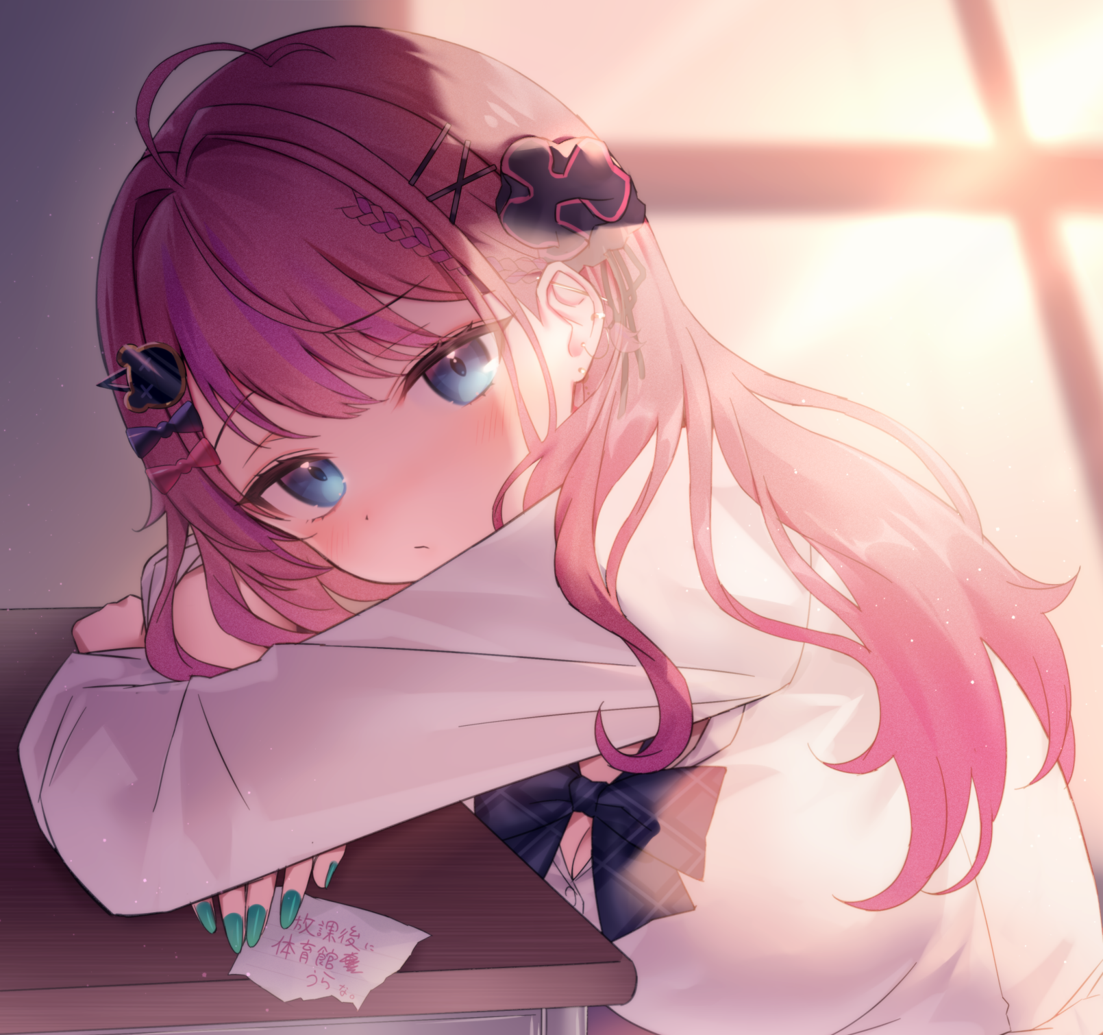 neit ni sei, kuramochi meruto, kuramochi meruto (school uniform), nijisanji, commentary request, highres, 1girl, ahoge, blue eyes, blush, bow, bowtie, breasts, cleavage, closed mouth, dress shirt, from side, hair ornament, hair scrunchie, hairclip, large breasts, leaning on table, long hair, long sleeves, looking at viewer, looking to the side, nail polish, pink hair, raised eyebrow, scrunchie, shirt, solo, table, upper body, virtual youtuber, white shirt