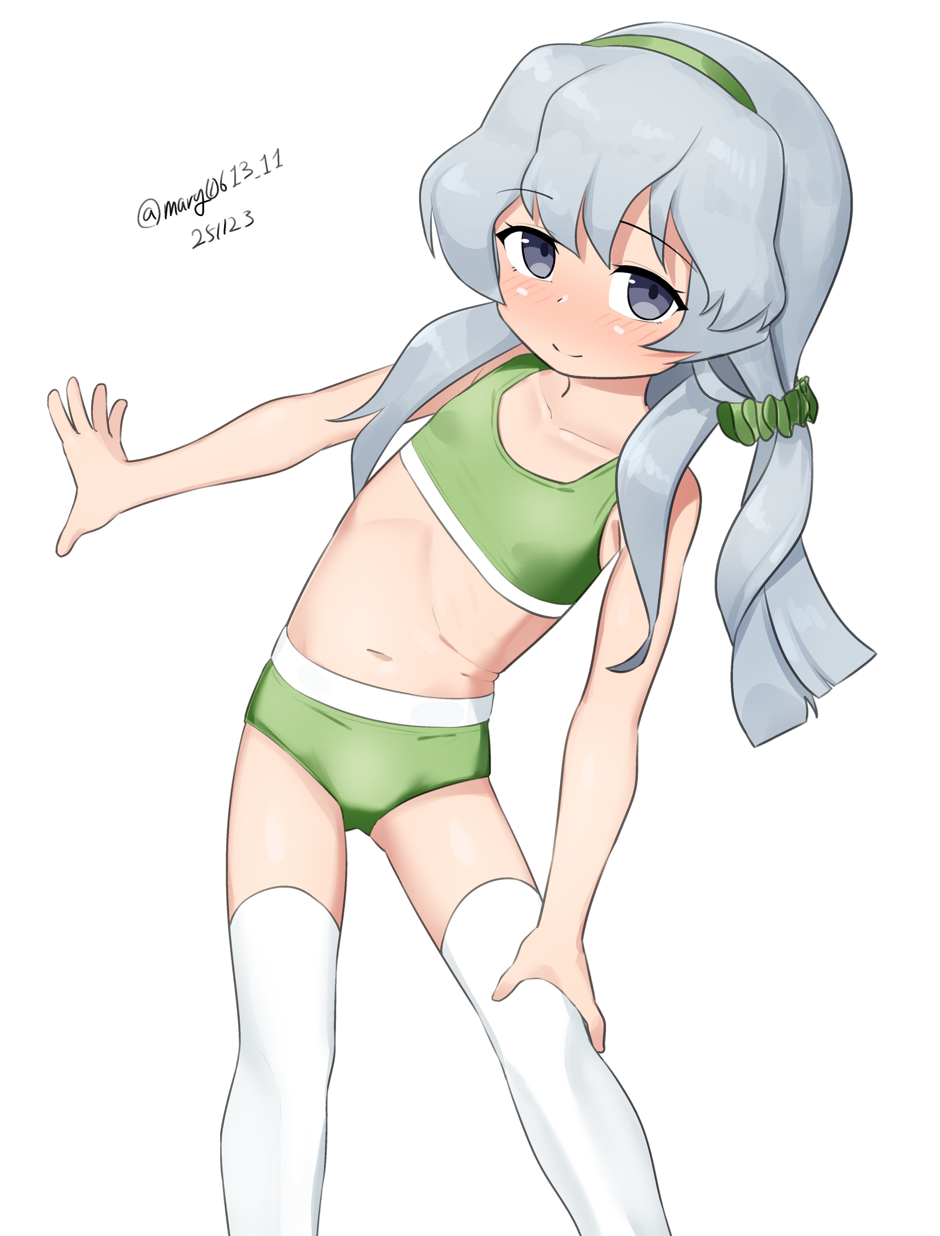 maru (marg0613), yamagumo (kancolle), kantai collection, absurdres, commentary request, highres, 1girl, bikini, dated, flat chest, green bikini, green hairband, grey eyes, grey hair, hairband, hand on own thigh, leaning to the side, long hair, one-hour drawing challenge, simple background, solo, sports bikini, swimsuit, thighhighs, twitter username, wavy hair, white background, white thighhighs