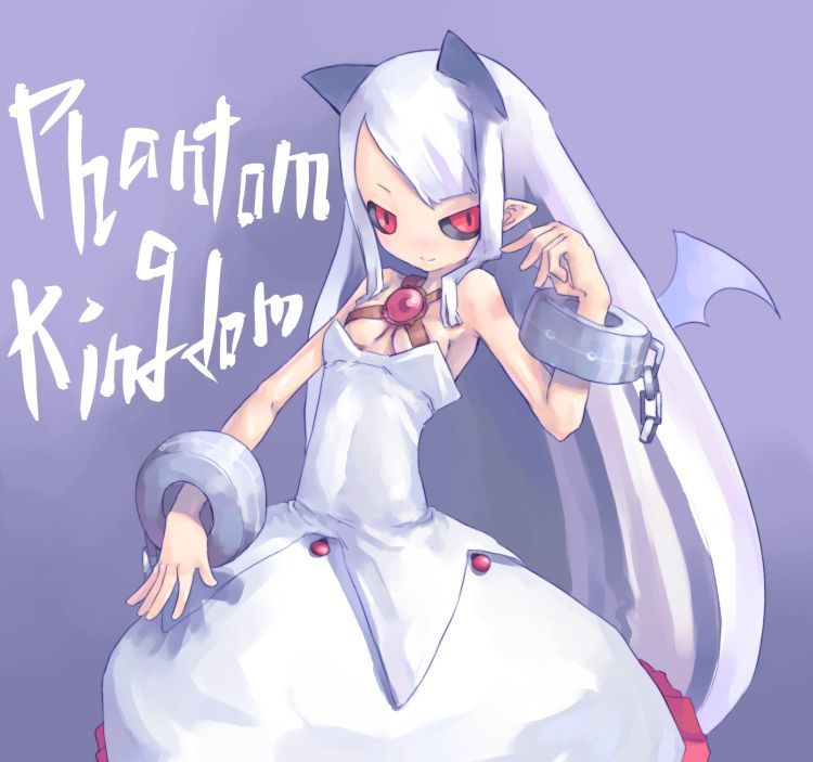 pram (phantom kingdom), disgaea, nippon ichi, phantom kingdom, animal ears, bat wings, black sclera, cat ears, chain, colored sclera, demon girl, dress, long hair, pointy ears, red eyes, solo, very long hair, white hair, wings